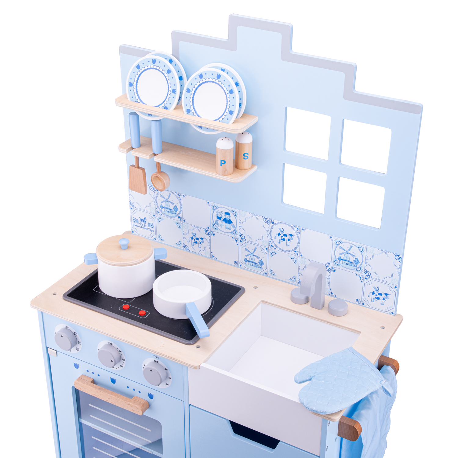 Küchenzeile Kinderküche aus Holz Delfter Blau Holzküche Holzspielzeug