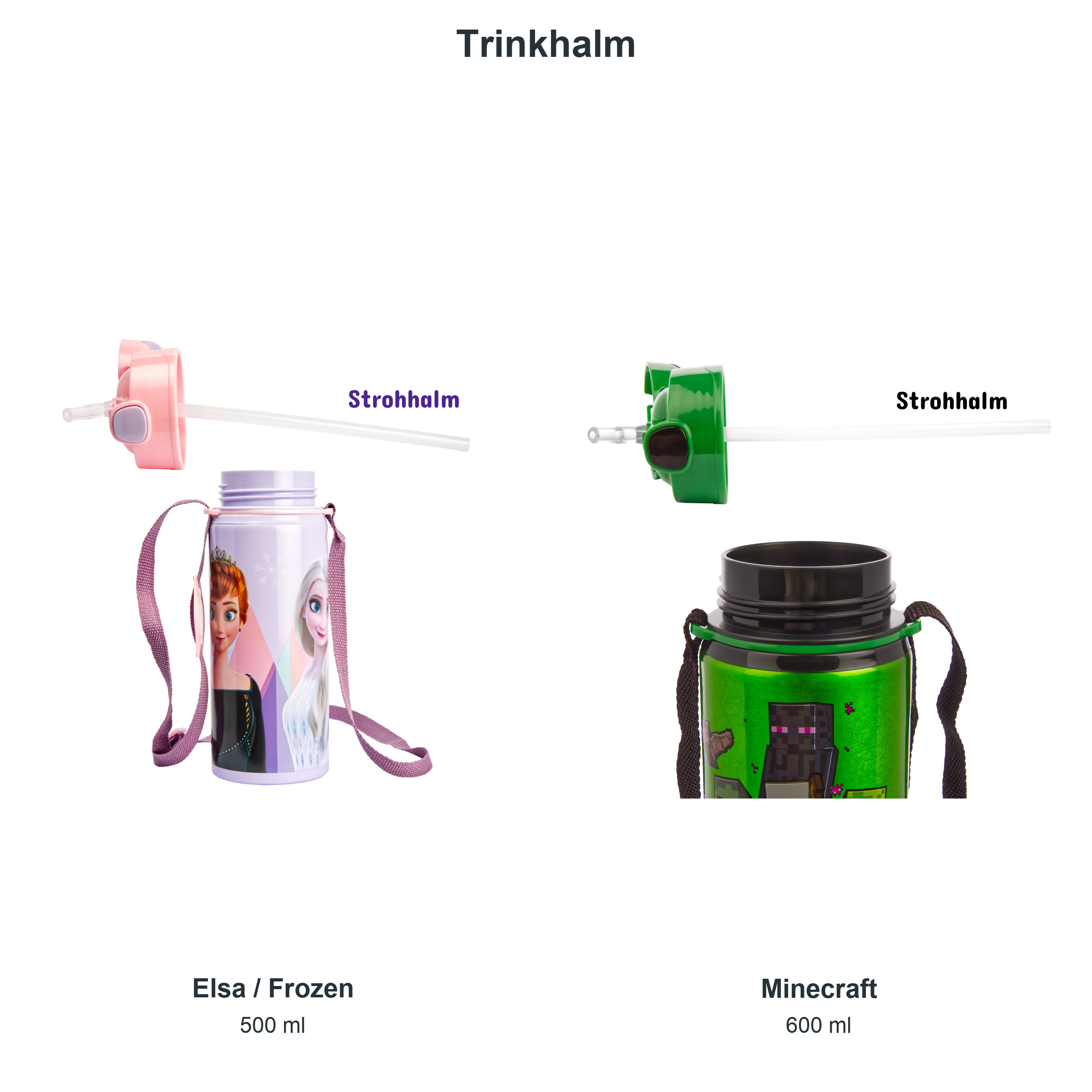 miniHeld Trinkflaschen-Set Elsa (Frozen) + Minecraft, 2 Kinder Trinkflaschen Aluminium mit Tragegurt miniHeld Trinkflaschen-Set Elsa (Frozen) + Minecraft, 2 Kinder Trinkflaschen Aluminium mit Tragegurt