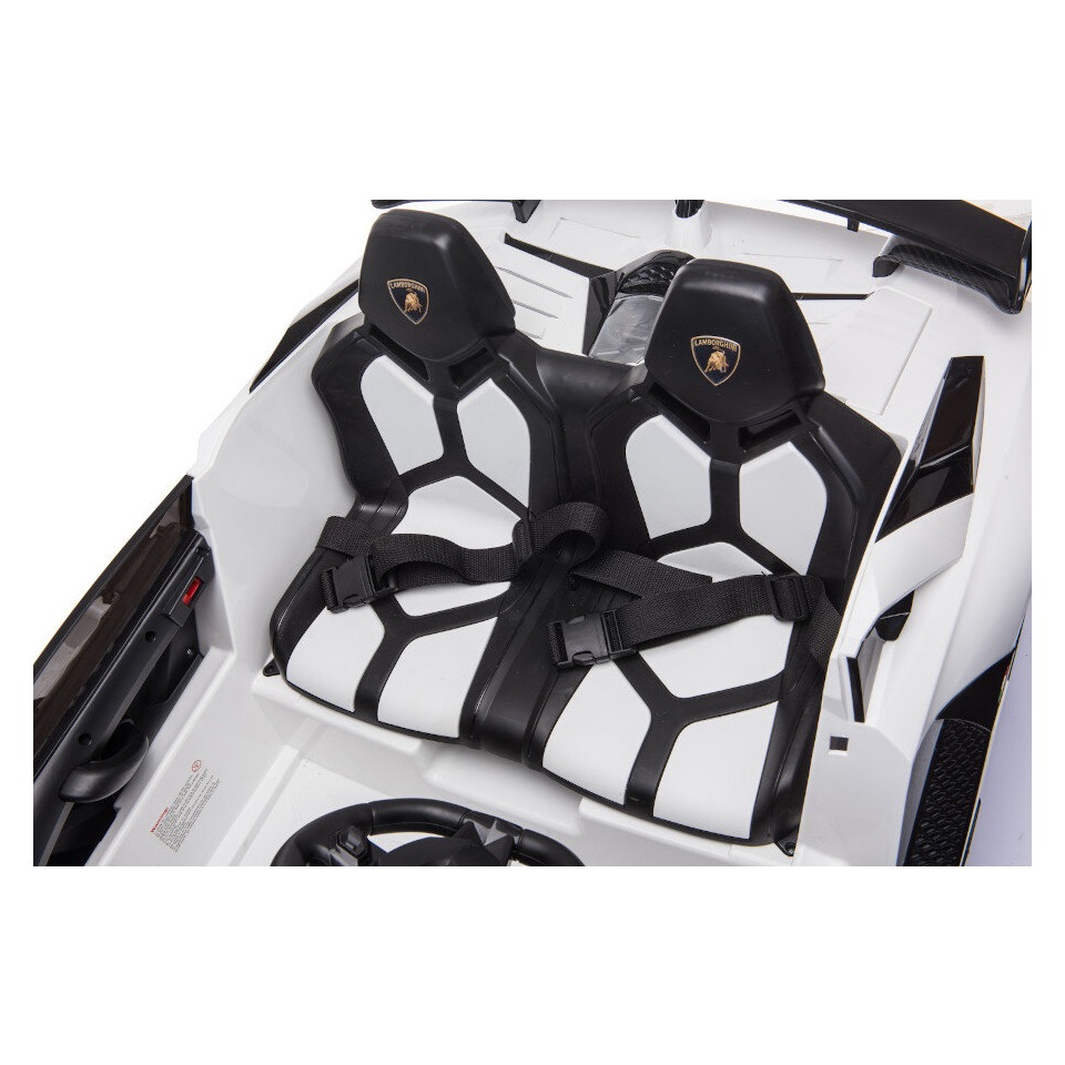 ES-Toys Kinderfahrzeug – Elektro Auto „Lamborghini Aventador SVJ Doppelsitzer“ – lizenziert – 12V7AH, 2 Motoren- 2,4Ghz Fernsteuerung, MP3, Ledersitz+EVA+Lackiert – Weiss