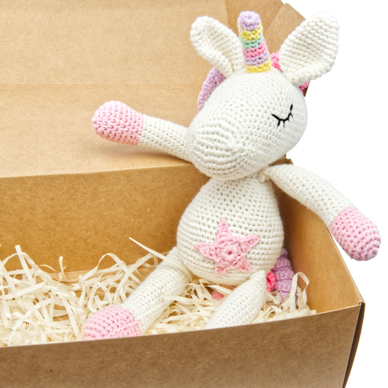 Handgestricktes Einhorn "Glücksbringer" Spielzeug aus Baumwolle 28cm Handgestricktes Einhorn "Glücksbringer" Spielzeug aus Baumwolle 28cm
