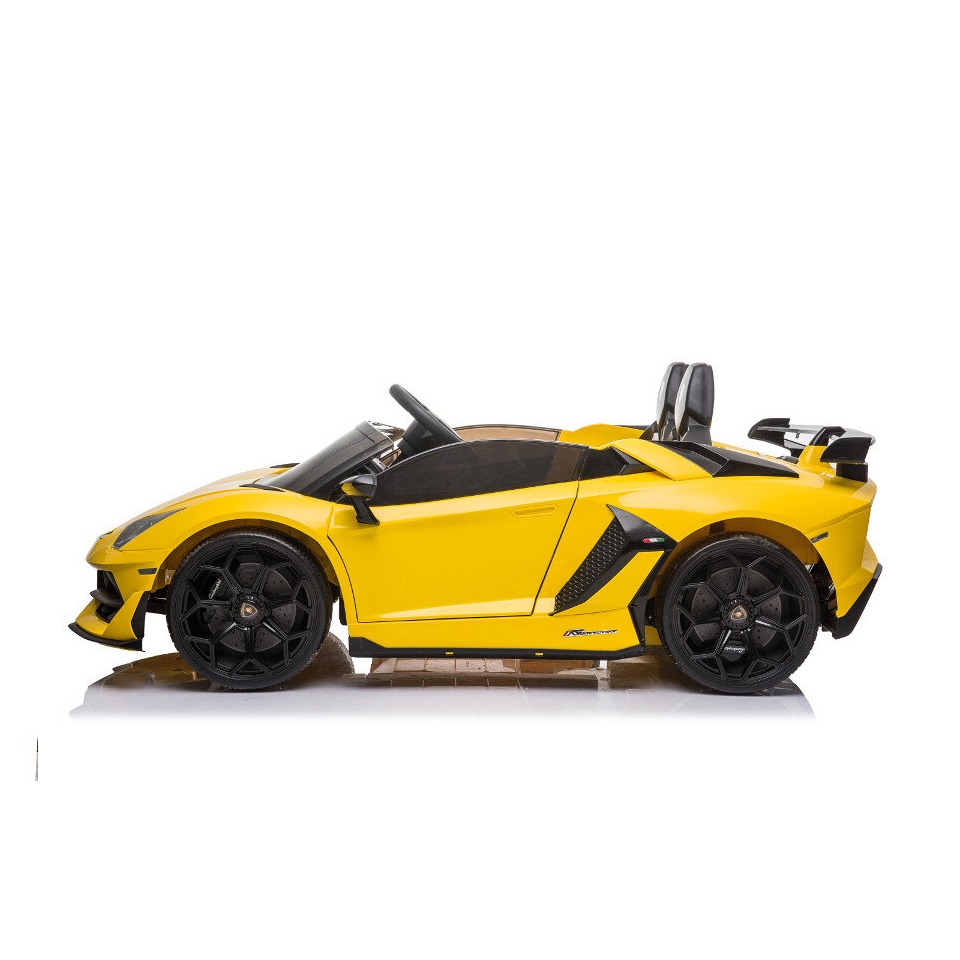 ES-Toys Kinderfahrzeug – Elektro Auto „Lamborghini Aventador SVJ Doppelsitzer“ – lizenziert – 12V7AH, 2 Motoren- 2,4Ghz Fernsteuerung, MP3, Ledersitz+EVA+Lackiert – Weiss
