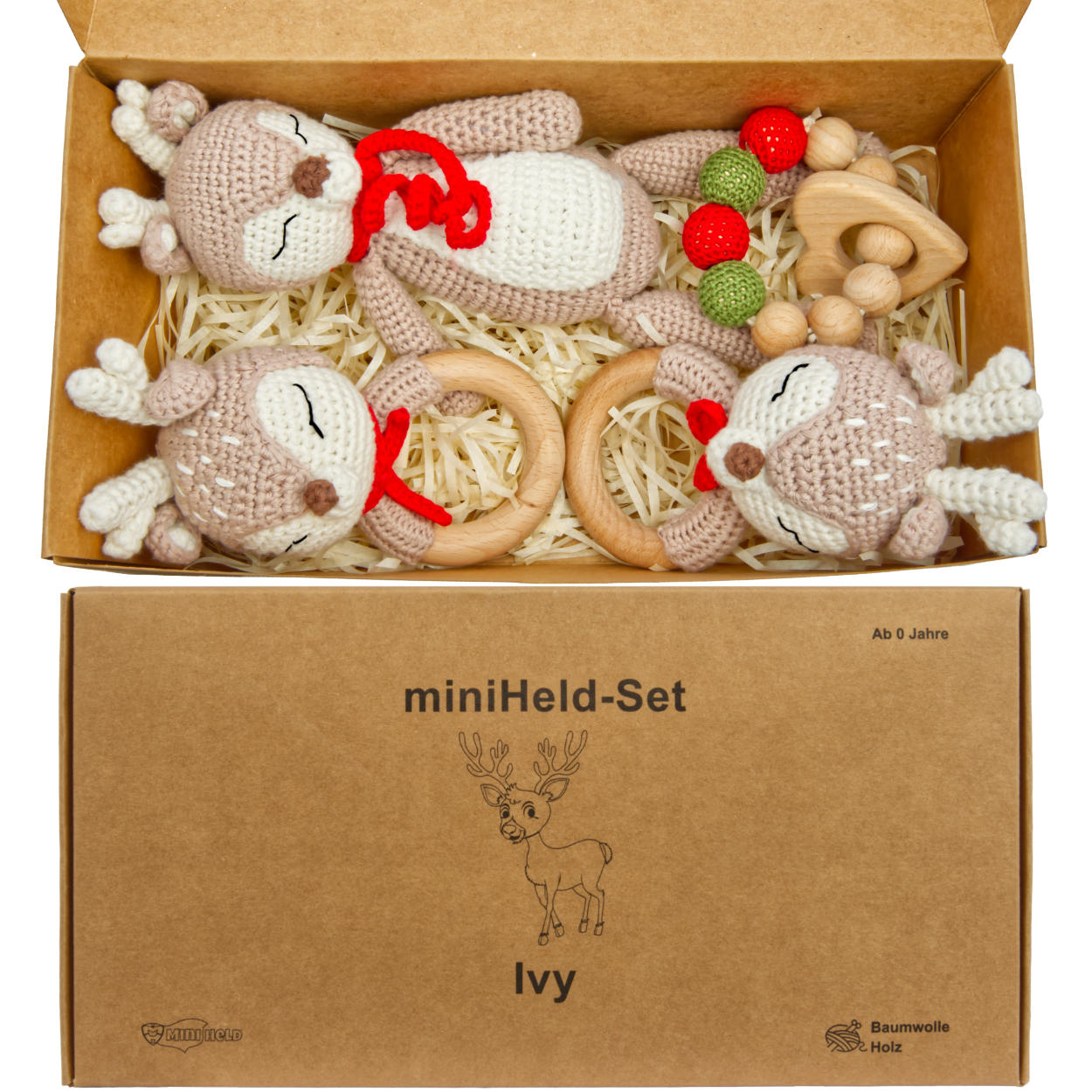Handgestrickter Reh Ivy Set Babyrassel Holzspielzeug und Baumwolle