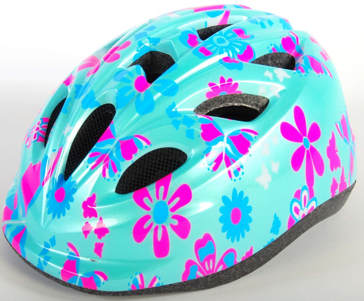 Kinder-Fahrradhelm XS Helm in blau mit Rosa Blumen 47-51 cm Kinder-Fahrradhelm XS Helm in blau mit Rosa Blumen 47-51 cm