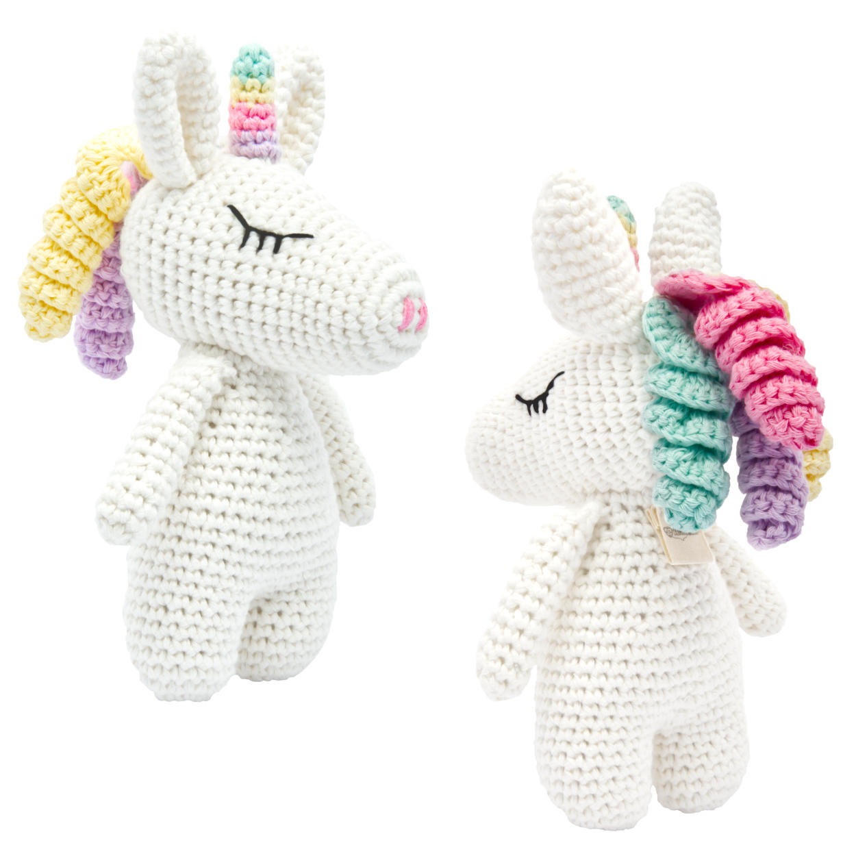 Handgestricktes Einhorn Rainbow Set Babyrassel Holz Baumwolle 16 cm Handgestricktes Einhorn Rainbow Set Babyrassel Holz Baumwolle 16 cm