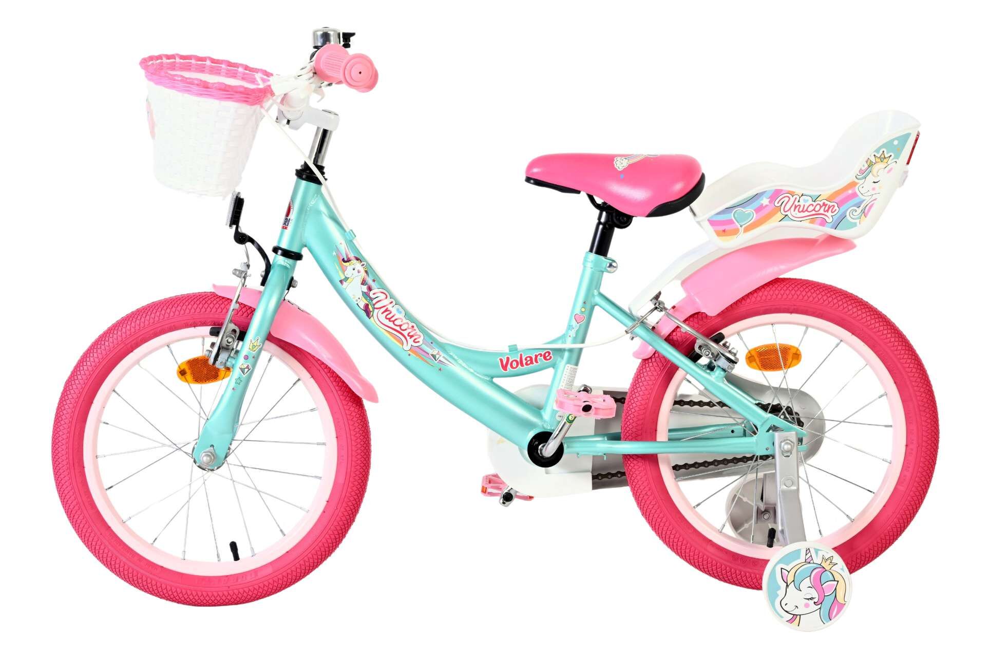 Kinderfahrrad Unicorn für Mädchen 16 Zoll Kinderrad in Grün, Zwei Handbremsen