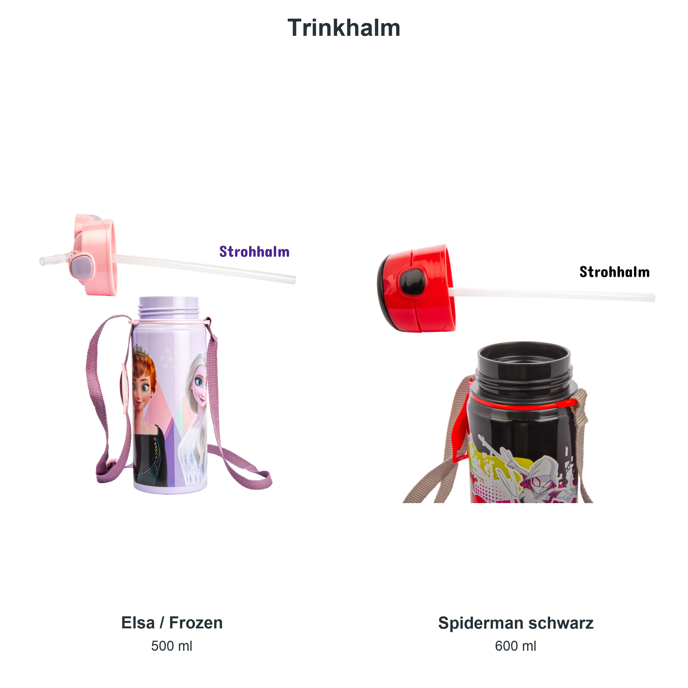 miniHeld Trinkflaschen-Set Elsa (Frozen) + Spiderman schwarz, 2 Kinder Trinkflaschen Aluminium mit Tragegurt miniHeld Trinkflaschen-Set Elsa (Frozen) + Spiderman schwarz, 2 Kinder Trinkflaschen Aluminium mit Tragegurt