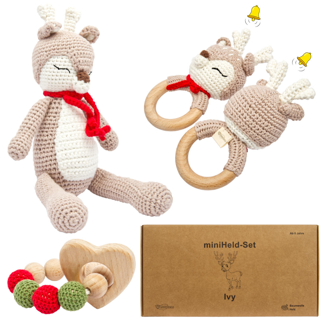 Handgestricktes Reh Ivy Set Babyrassel Holzspielzeug und Baumwolle Handgestricktes Reh Ivy Set Babyrassel Holzspielzeug und Baumwolle