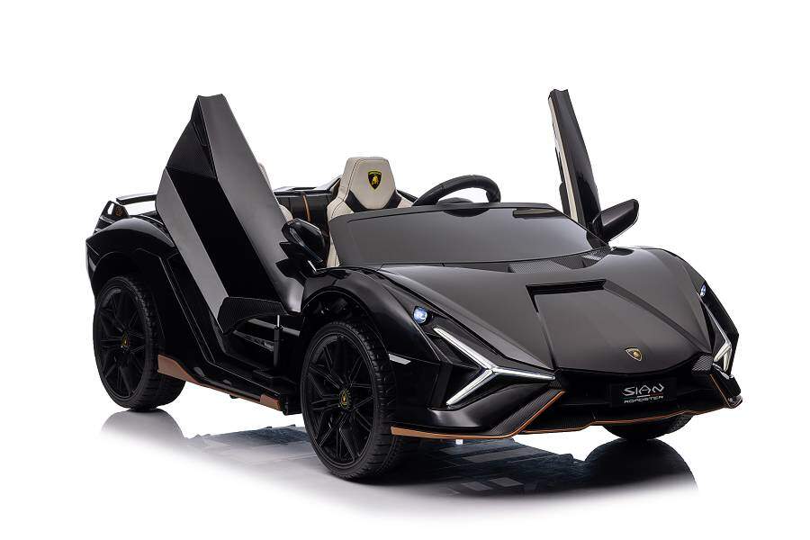 ES-Toys Kinderfahrzeug – Elektro Auto „Lamborghini SIAN 2 Sitzer“ – lizenziert – 24V Akku, 4 Motoren- 2,4Ghz Fernsteuerung, MP3, Ledersitz+EVA – Orange