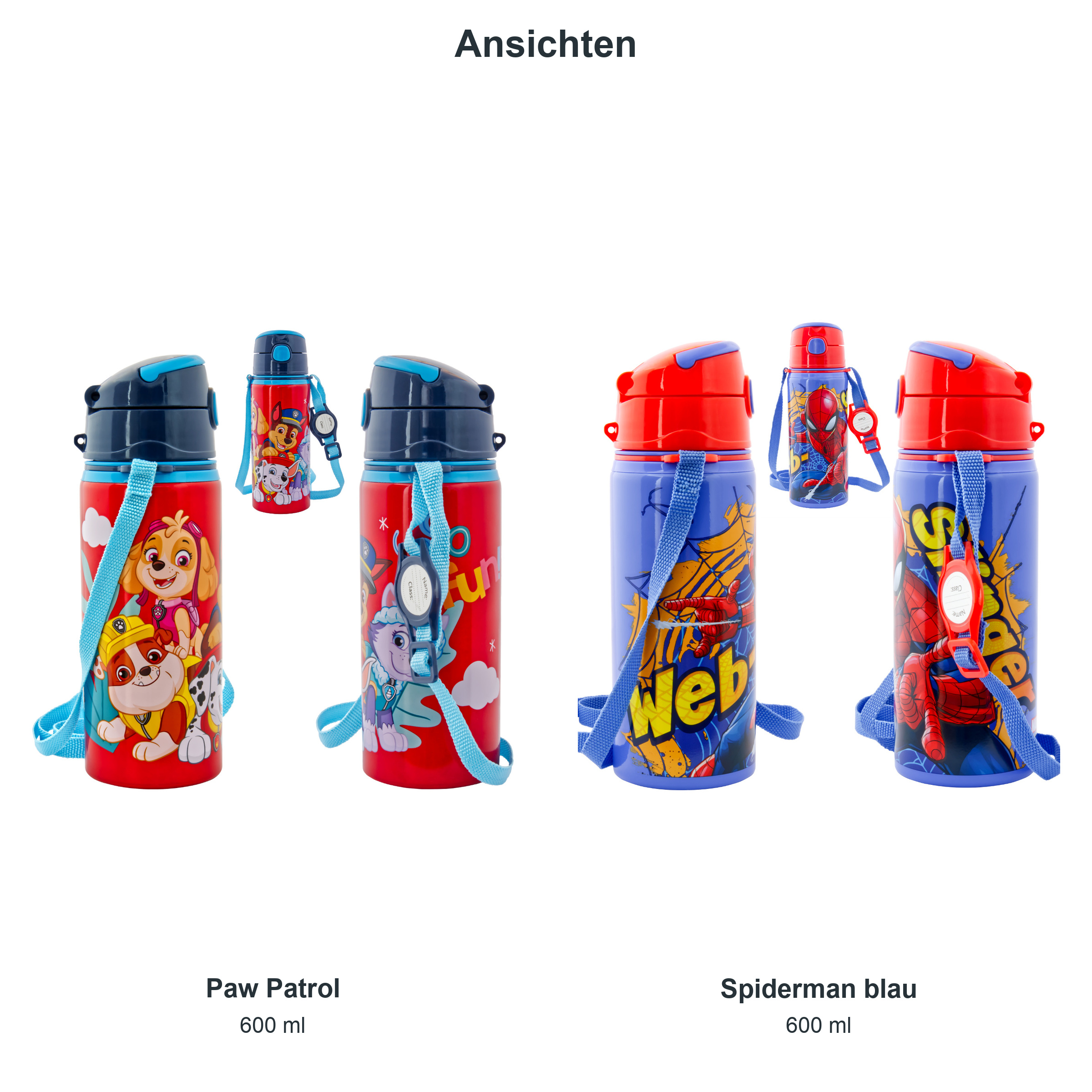 miniHeld Trinkflaschen-Set Paw Patrol + Spiderman blau, 2 Kinder Trinkflaschen Aluminium mit Tragegurt miniHeld Trinkflaschen-Set Paw Patrol + Spiderman blau, 2 Kinder Trinkflaschen Aluminium mit Tragegurt