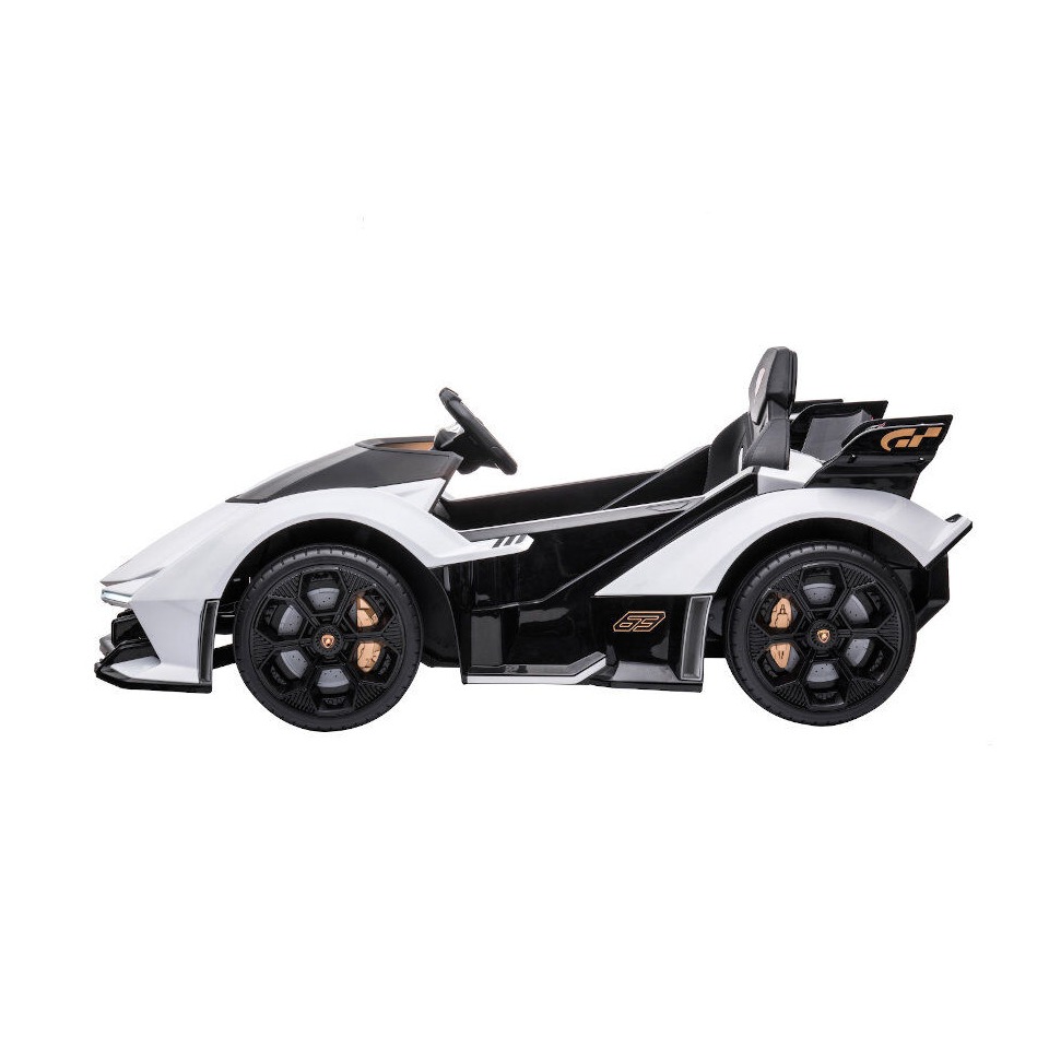 ES-Toys Kinderfahrzeug – Elektro Auto „Lamborghini V12 Vision Gran Turismo“ – lizenziert – 12V7AH, 2 Motoren- 2,4Ghz Fernsteuerung, MP3, Ledersitz+EVA – Weiss