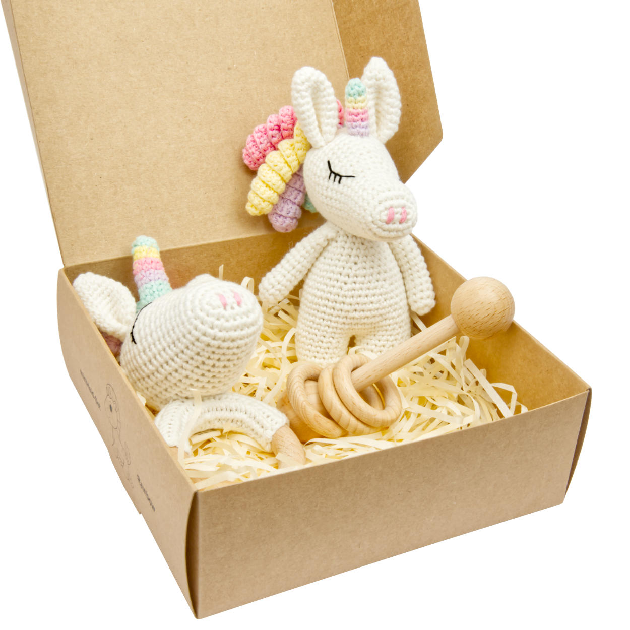 Handgestricktes Einhorn Rainbow Set Babyrassel Holz Baumwolle 16 cm Handgestricktes Einhorn Rainbow Set Babyrassel Holz Baumwolle 16 cm