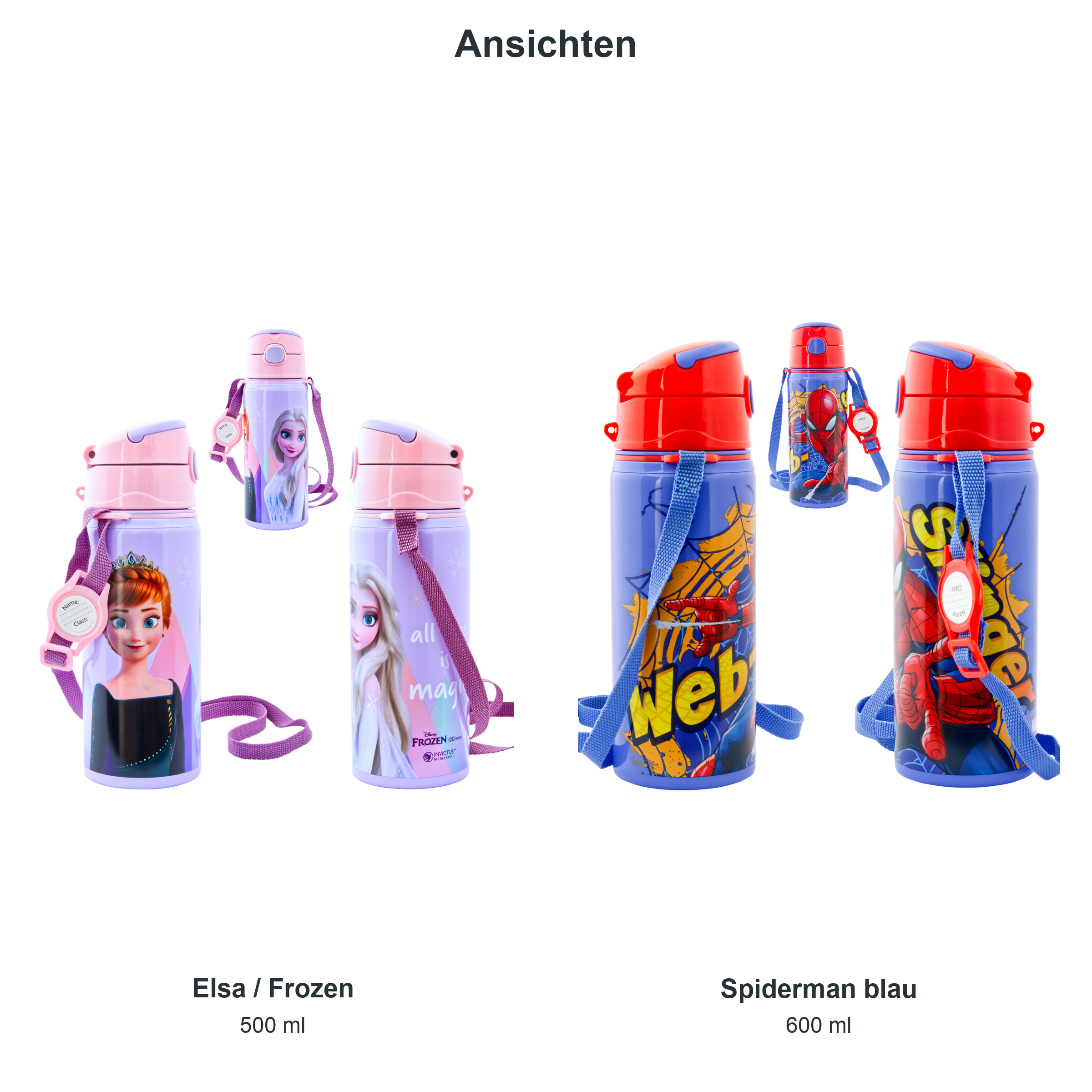 miniHeld Trinkflaschen-Set Elsa (Frozen) + Spiderman blau, 2 Kinder Trinkflaschen Aluminium mit Tragegurt