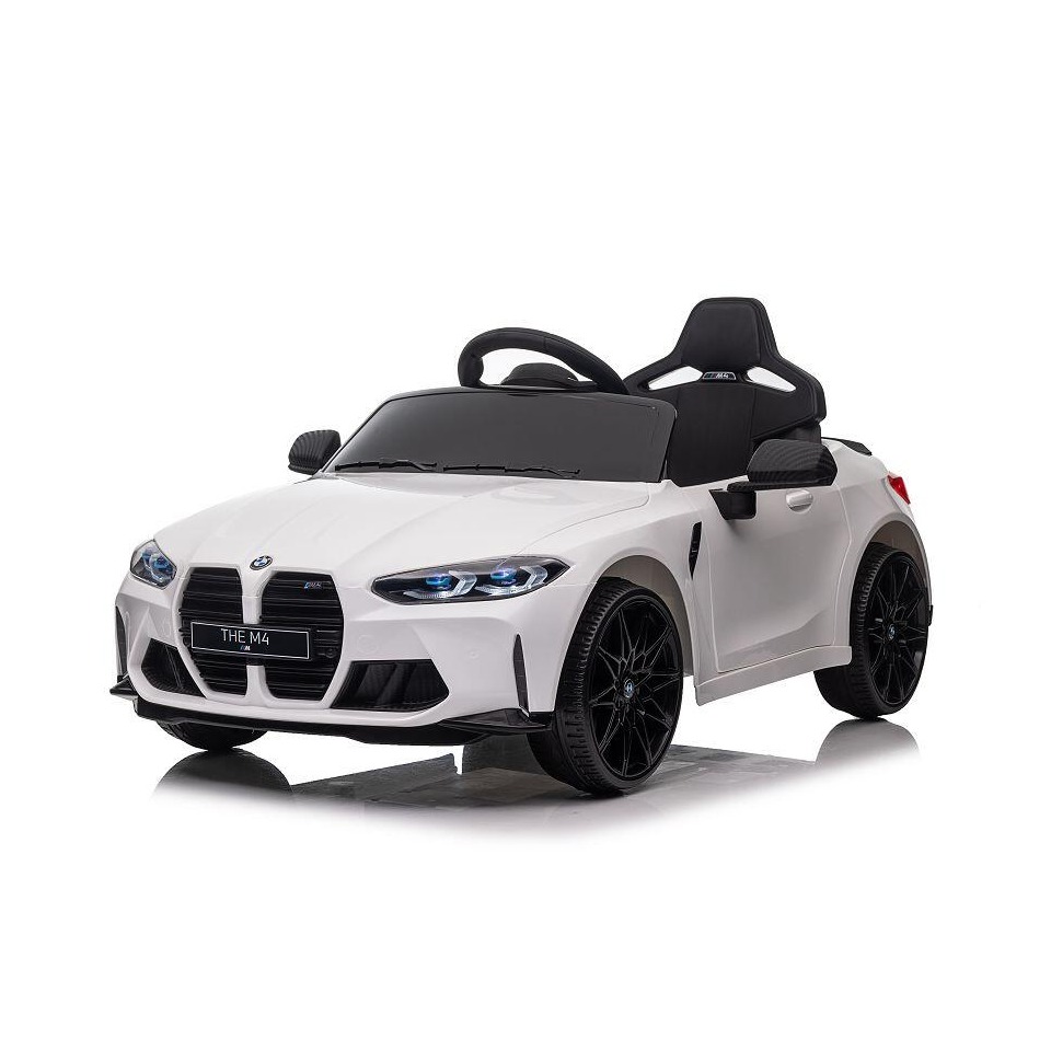 ES-Toys Kinderauto Elektrisch „BMW M4“ – lizenziert – 12V7A Akku, 2 Motoren- 2,4Ghz Fernsteuerung, MP3, Ledersitz+EVA – Weiss
