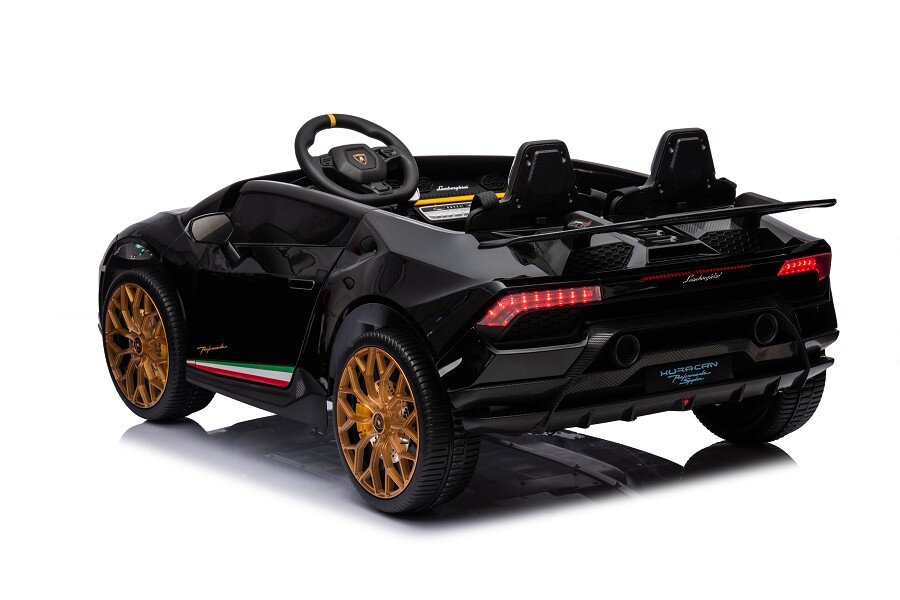 ES-Toys Kinderfahrzeug – Elektro Auto „Lamborghini Huracan Spider 2 Sitzer“ – lizenziert – 12V10AH, 4 Motoren- 2,4Ghz Fernsteuerung, MP3, Ledersitz+EVA – Schwarz