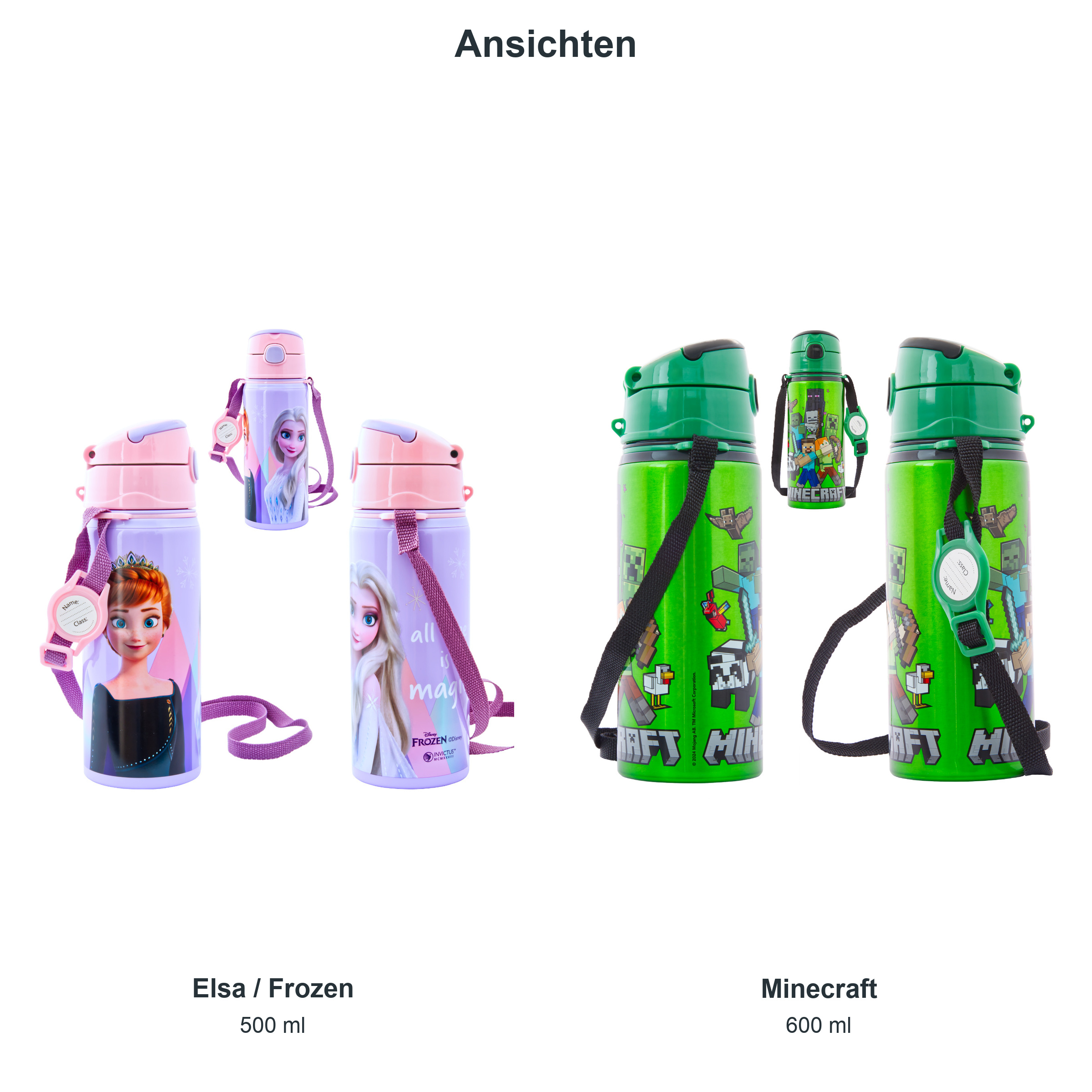 miniHeld Trinkflaschen-Set Elsa (Frozen) + Minecraft, 2 Kinder Trinkflaschen Aluminium mit Tragegurt miniHeld Trinkflaschen-Set Elsa (Frozen) + Minecraft, 2 Kinder Trinkflaschen Aluminium mit Tragegurt
