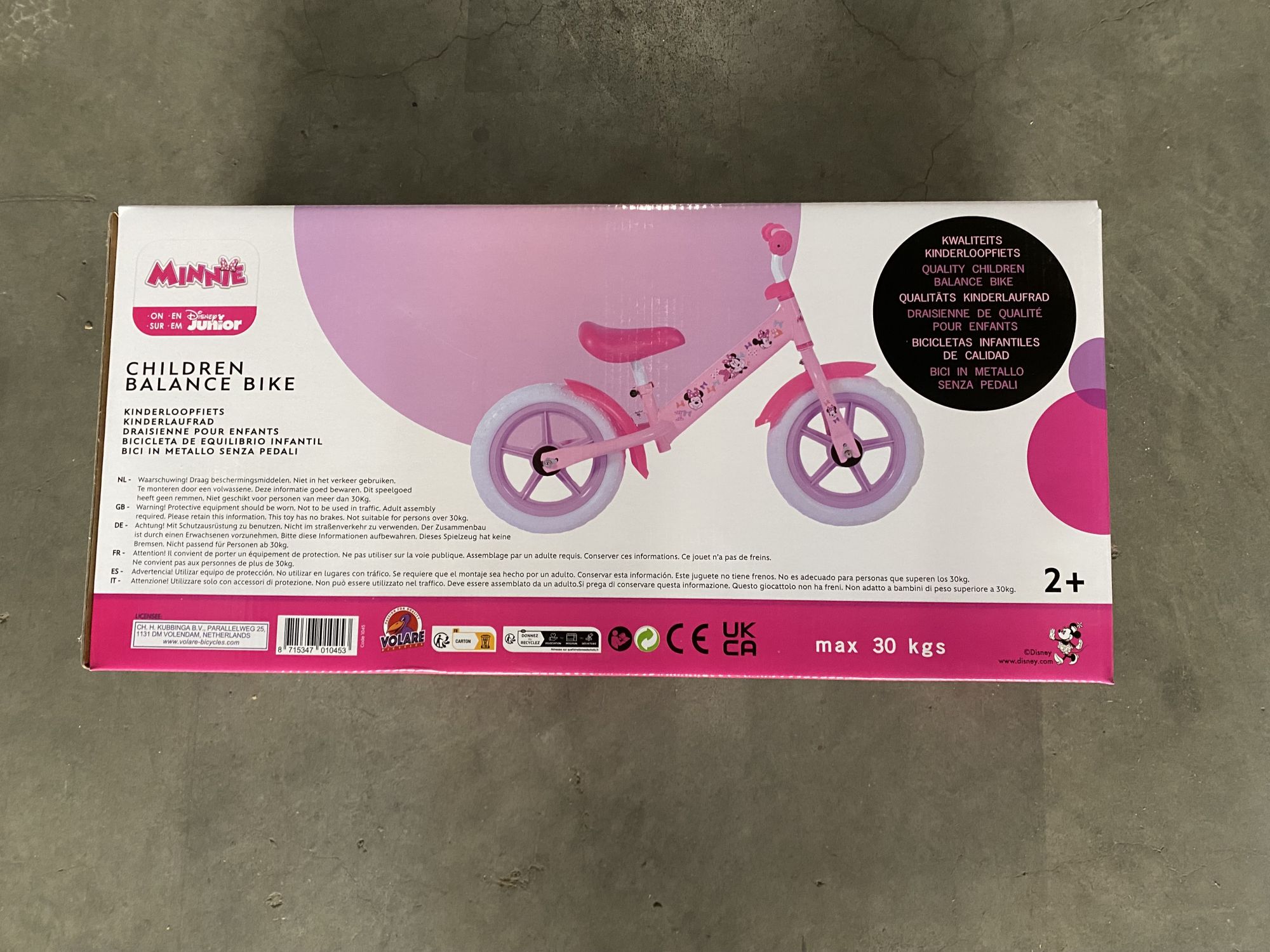 Volare Laufrad Disney Minnie Mouse 12 Zoll aus Metall, Kinderlaufrad ab 2 Jahren mit verstellbarem Sattel