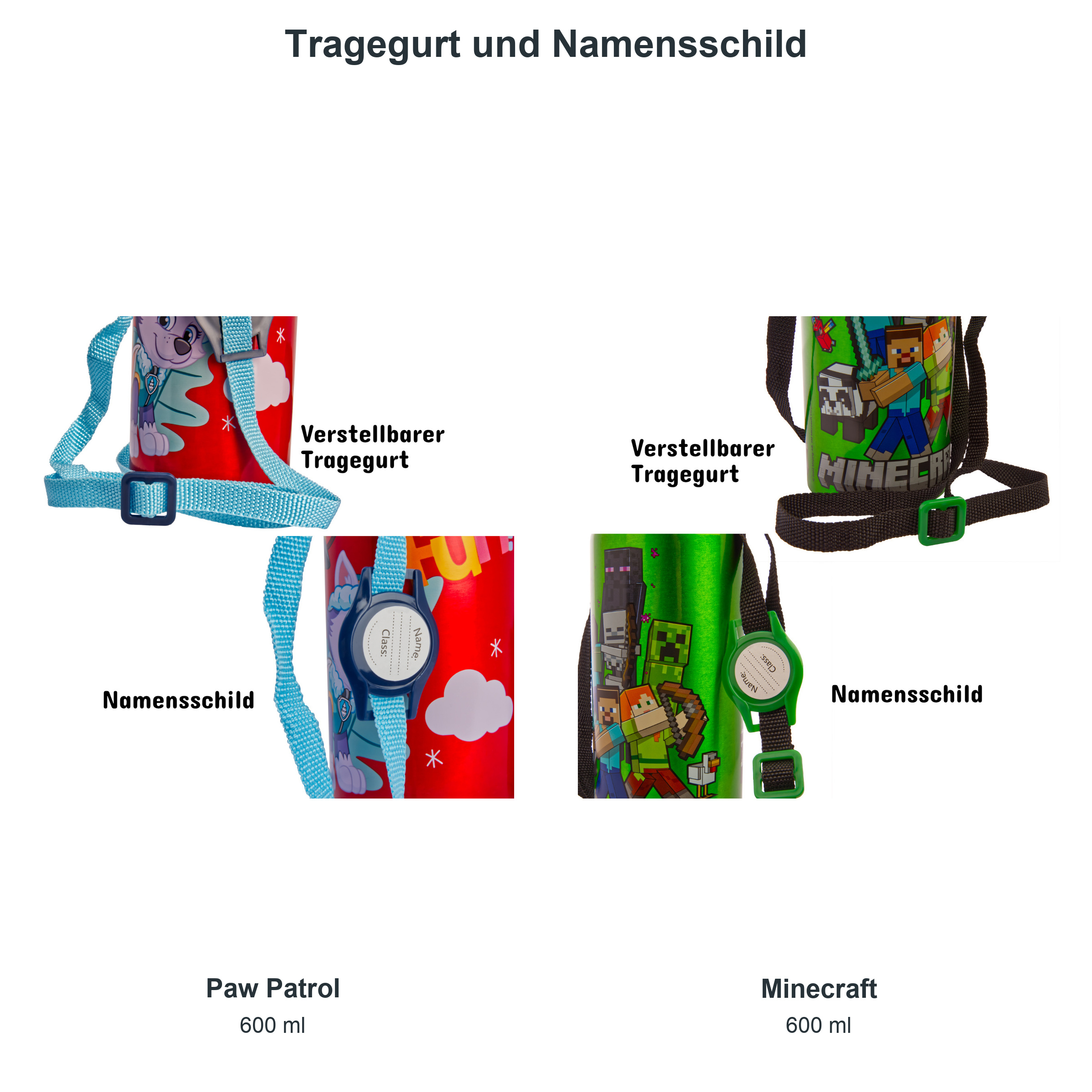 miniHeld Trinkflaschen-Set Paw Patrol + Minecraft, 2 Kinder Trinkflaschen Aluminium mit Tragegurt miniHeld Trinkflaschen-Set Paw Patrol + Minecraft, 2 Kinder Trinkflaschen Aluminium mit Tragegurt