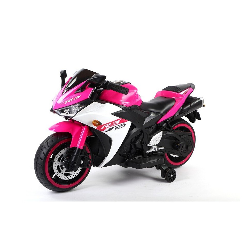 ES-Toys Elektro Kindermotorrad 888 – 12V 4,5A Akku – mit Stützräder, Musik und Lichter -Pink