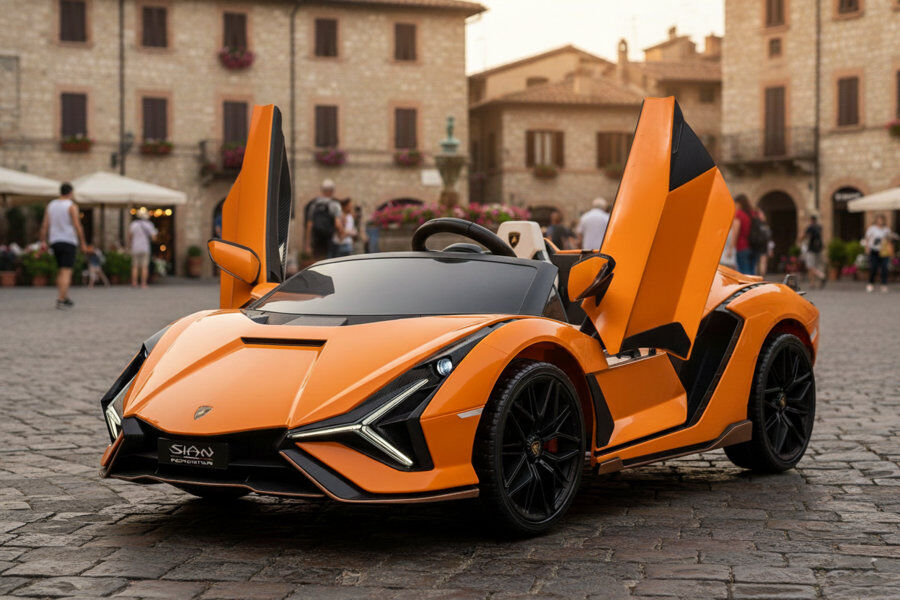ES-Toys Kinderfahrzeug – Elektro Auto „Lamborghini SIAN 2 Sitzer“ – lizenziert – 24V Akku, 4 Motoren- 2,4Ghz Fernsteuerung, MP3, Ledersitz+EVA – Orange