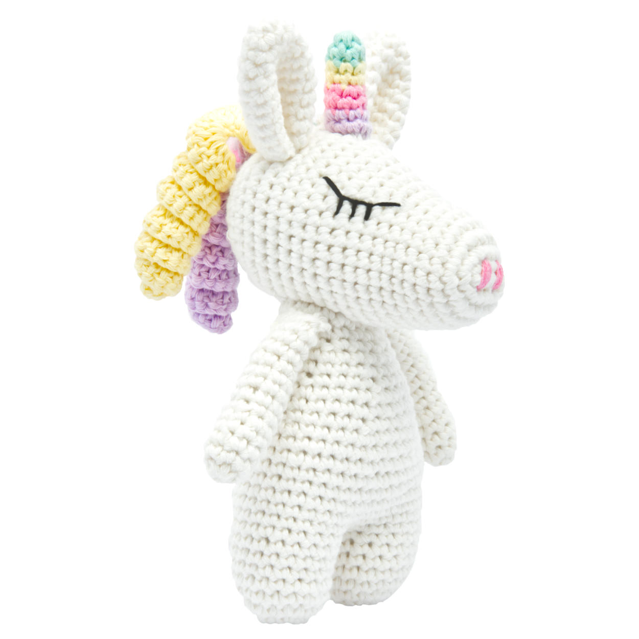 Handgestricktes Einhorn Rainbow Set Babyrassel Holz Baumwolle 16 cm Handgestricktes Einhorn Rainbow Set Babyrassel Holz Baumwolle 16 cm