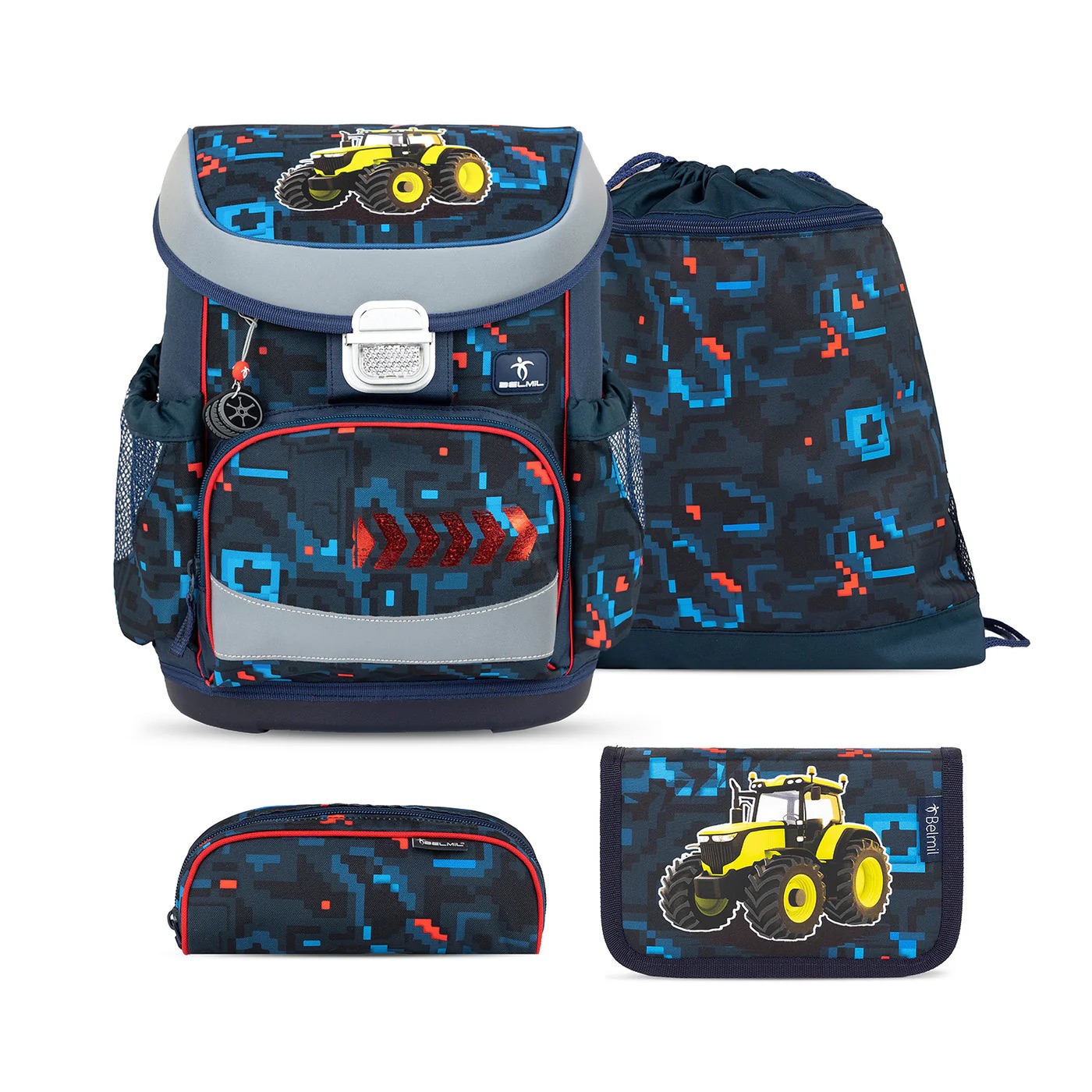 Belmil Mini-Fit ergonomisches Schulranzen-Set 4-teilig "PixelTrak" mit Brustgurt