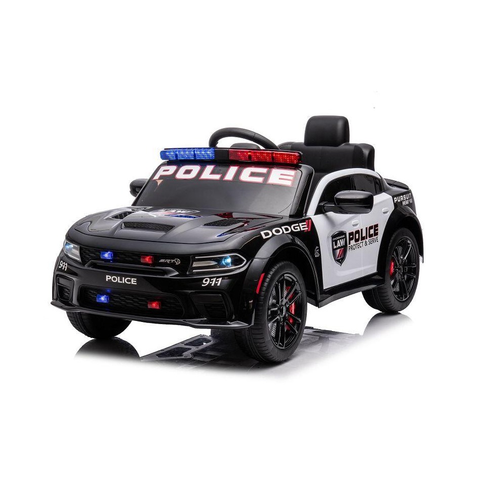 ES-Toys Kinderfahrzeug – Elektro Auto „Dodge Polizei“ lizenziert – 12V Akku,2 Motoren- 2,4Ghz + Ledersitz, MP3