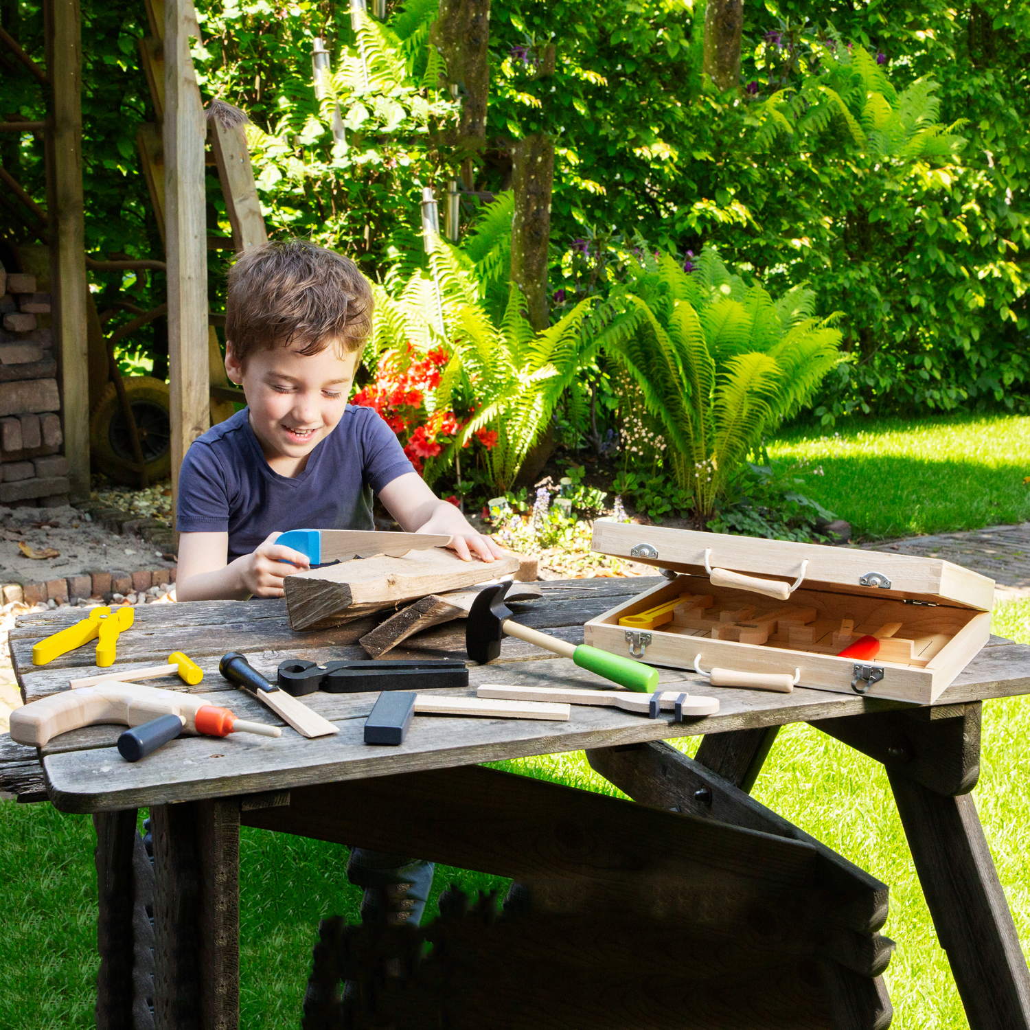 Werkzeugkasten mit Werkzeug aus Holz groß 12 Teile für Kinder