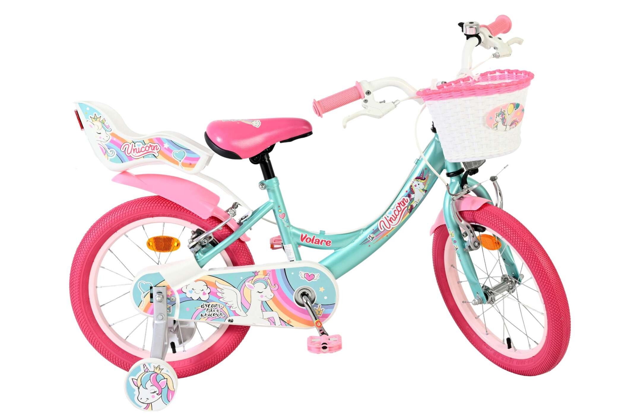 Kinderfahrrad Unicorn für Mädchen 16 Zoll Kinderrad in Grün, Zwei Handbremsen