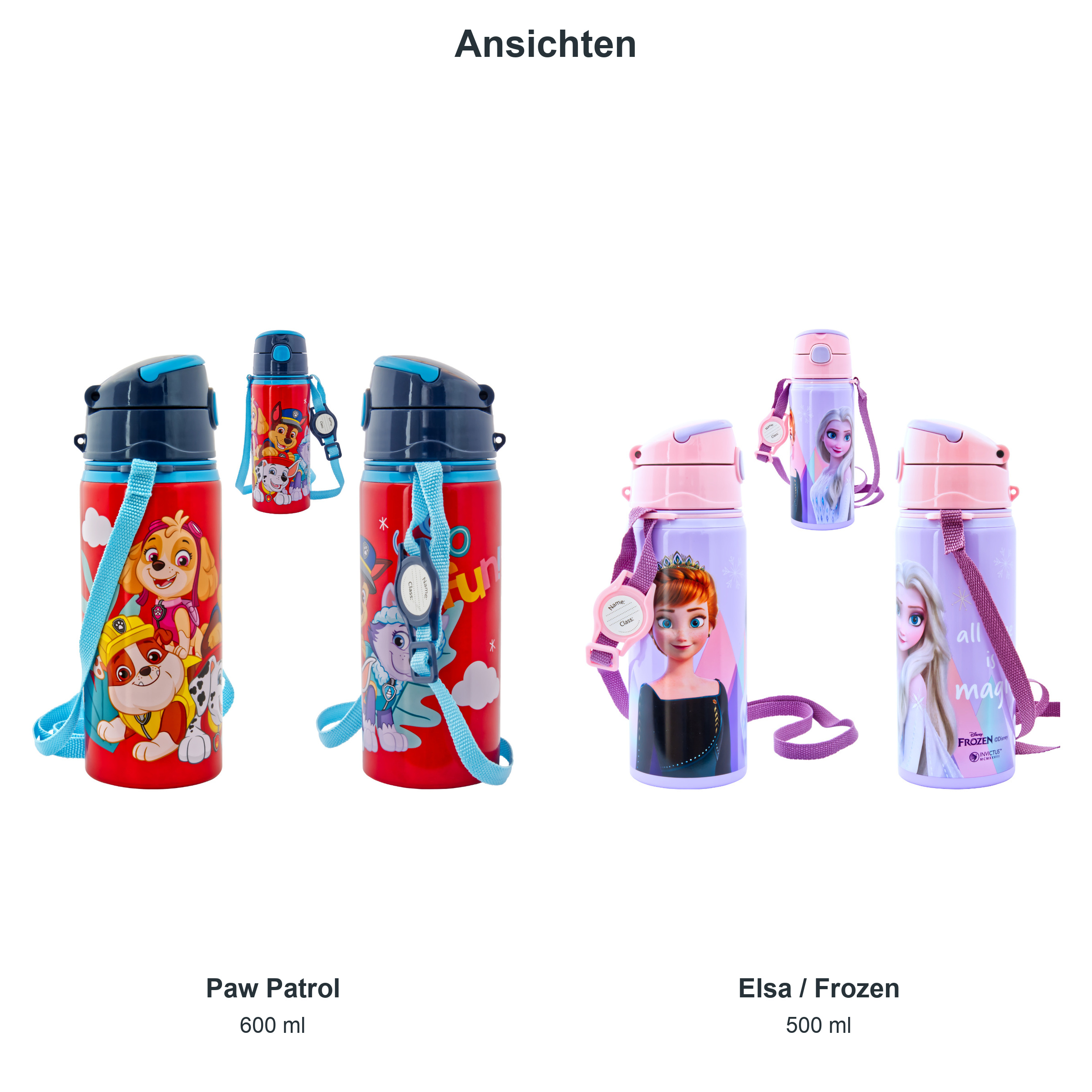 miniHeld Trinkflaschen-Set Paw Patrol + Elsa (Frozen), 2 Kinder Trinkflaschen Aluminium mit Tragegurt