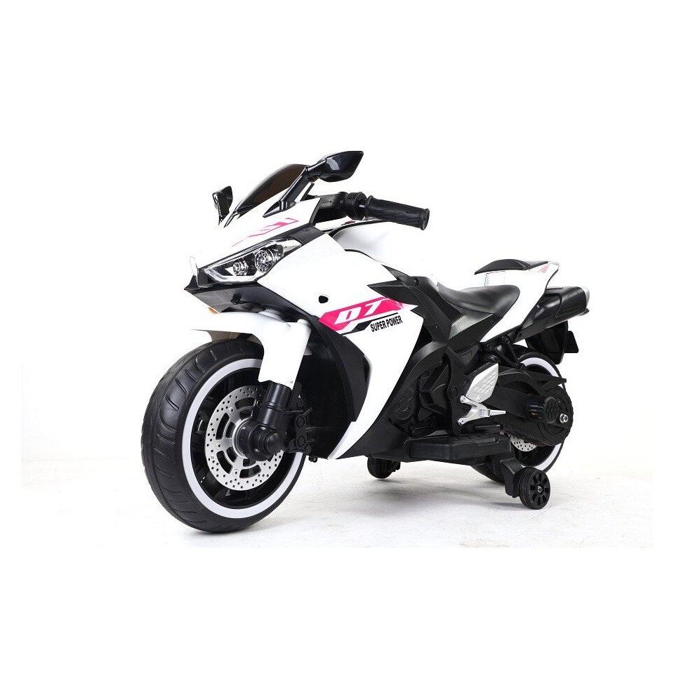ES-Toys Elektro Kindermotorrad 888 – 12V 4,5A Akku – mit Stützräder, Musik und Lichter -Weiss