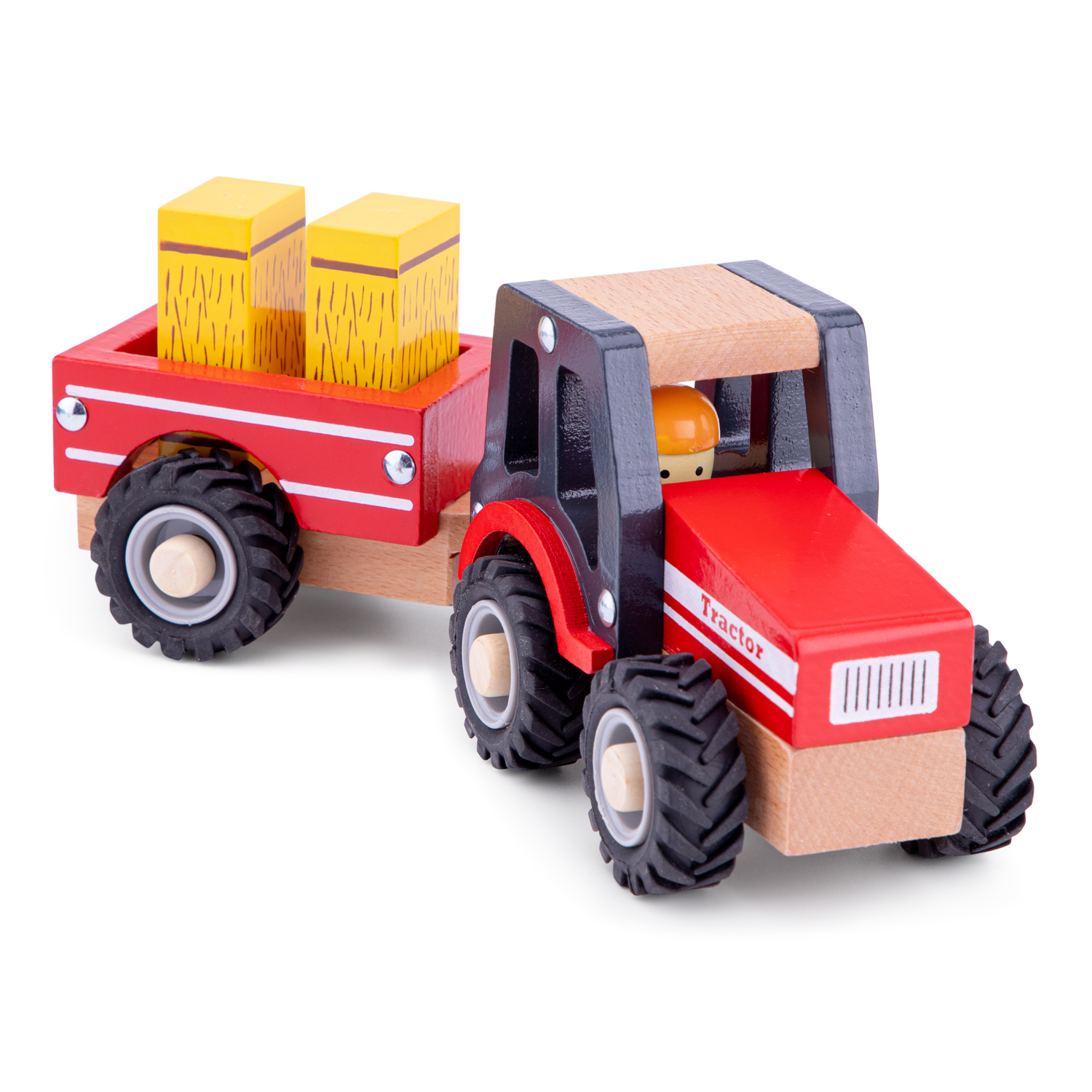 Traktor aus Holz mit Anhänger und Heuballen Kinderspielzeug
