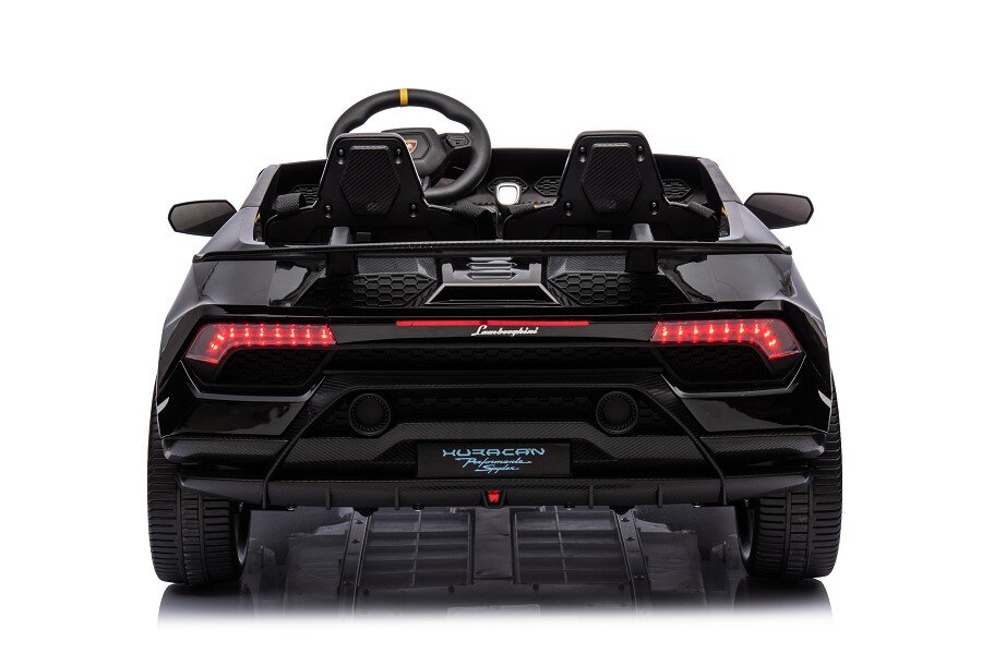 ES-Toys Kinderfahrzeug – Elektro Auto „Lamborghini Huracan Spider 2 Sitzer“ – lizenziert – 12V10AH, 4 Motoren- 2,4Ghz Fernsteuerung, MP3, Ledersitz+EVA – Schwarz