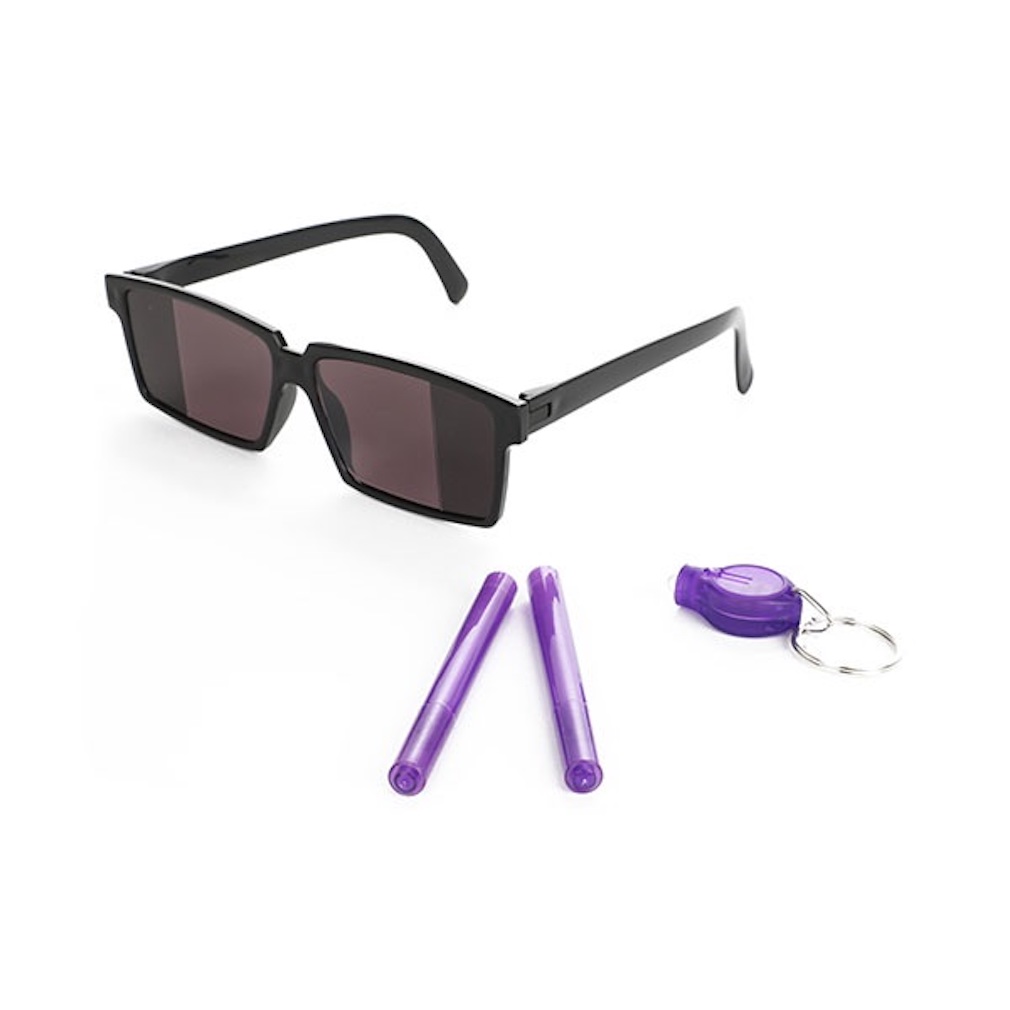 Spionage Set mit Spiegelbrille, Geheim Stift und UV-Lampe Spionage Set mit Spiegelbrille, Geheim Stift und UV-Lampe