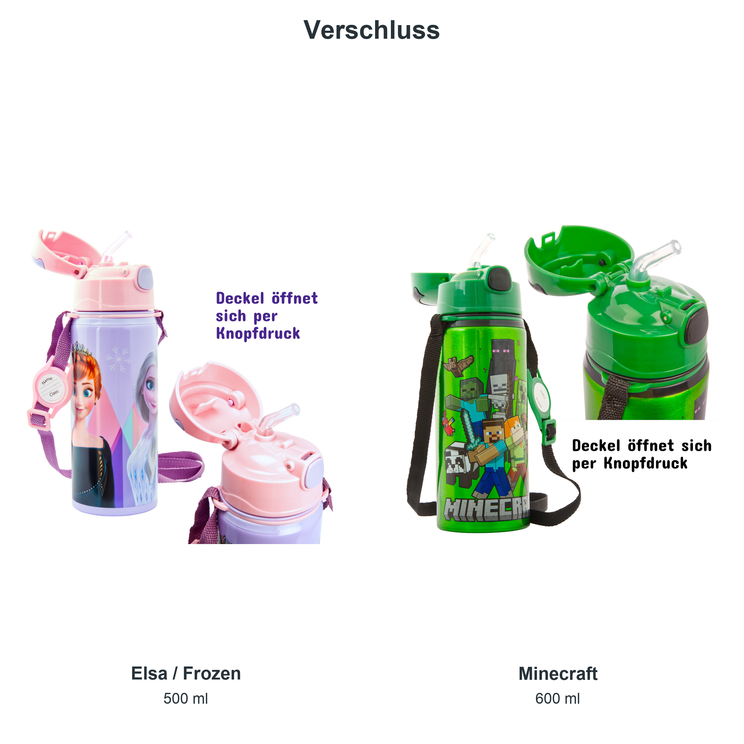 miniHeld Trinkflaschen-Set Elsa (Frozen) + Minecraft, 2 Kinder Trinkflaschen Aluminium mit Tragegurt miniHeld Trinkflaschen-Set Elsa (Frozen) + Minecraft, 2 Kinder Trinkflaschen Aluminium mit Tragegurt