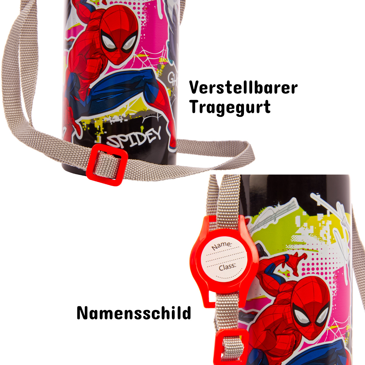 Kinder Trinkflasche Spiderman 600ml Schwarz Tragegurt Alu Marvel Held