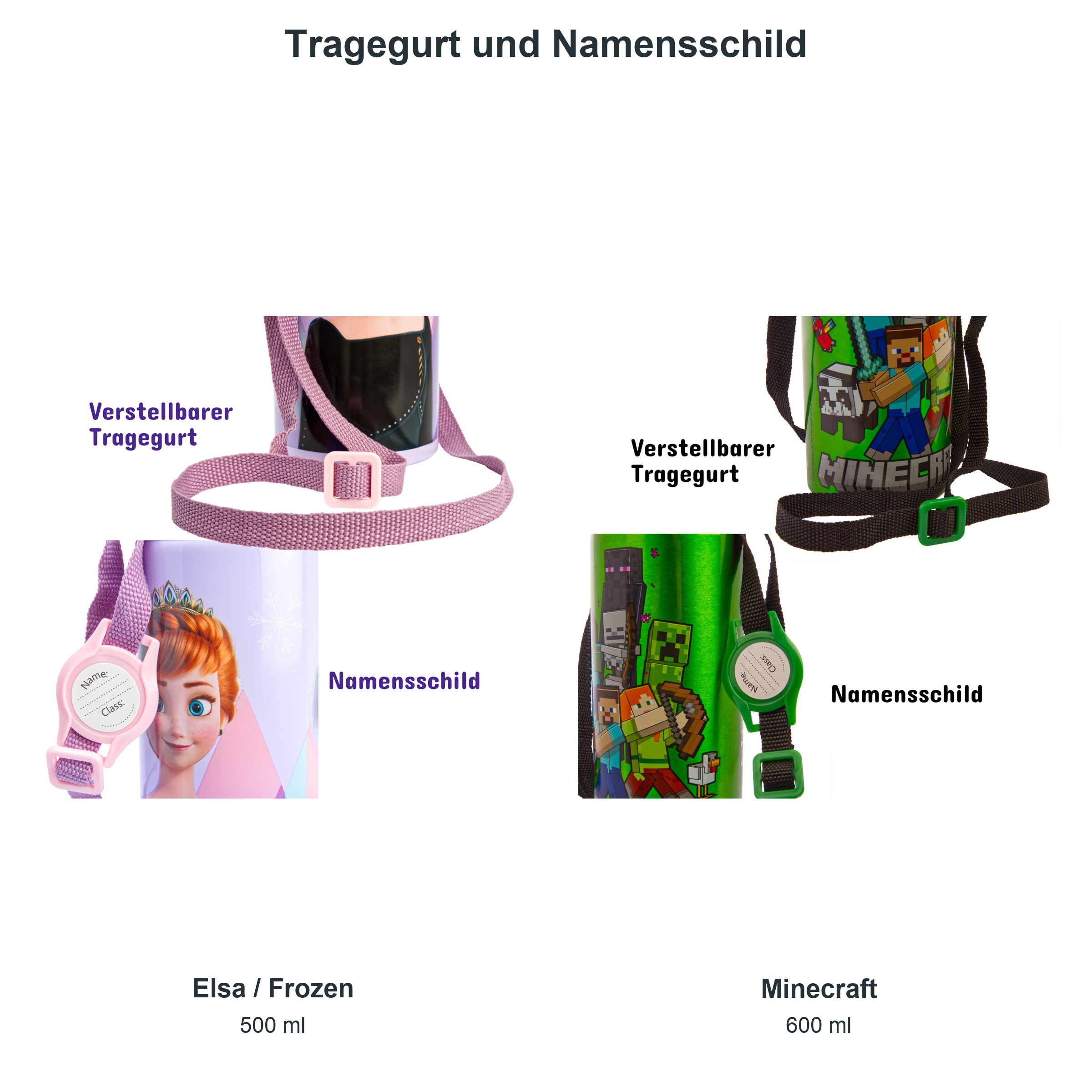 miniHeld Trinkflaschen-Set Elsa (Frozen) + Minecraft, 2 Kinder Trinkflaschen Aluminium mit Tragegurt miniHeld Trinkflaschen-Set Elsa (Frozen) + Minecraft, 2 Kinder Trinkflaschen Aluminium mit Tragegurt