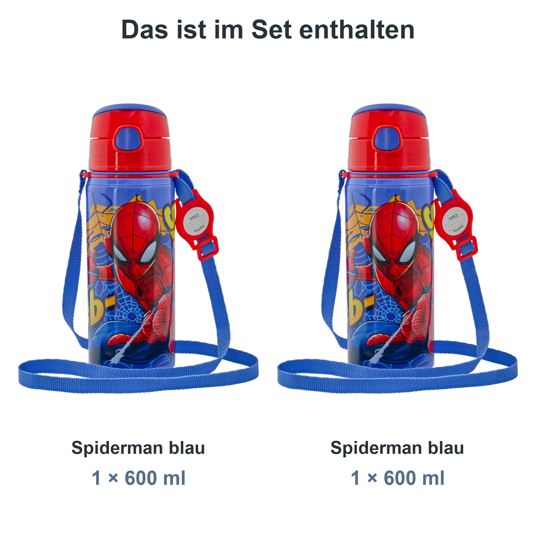 miniHeld Trinkflaschen-Set Spiderman blau 2er-Pack, 2 Kinder Trinkflaschen Aluminium mit Tragegurt