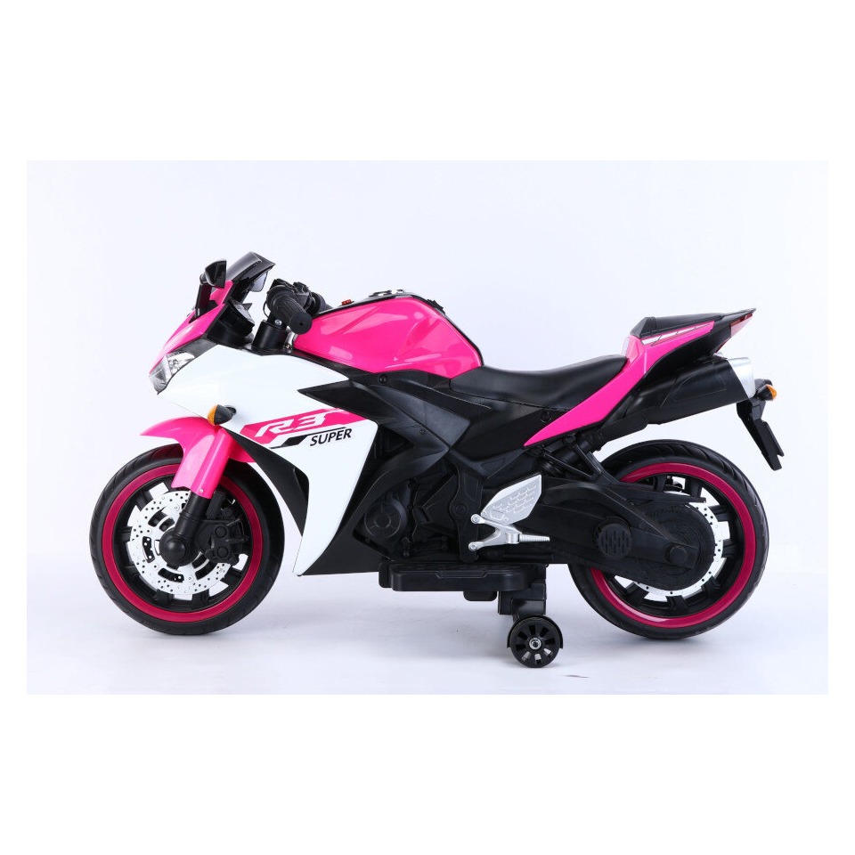 ES-Toys Elektro Kindermotorrad 888 – 12V 4,5A Akku – mit Stützräder, Musik und Lichter -Pink