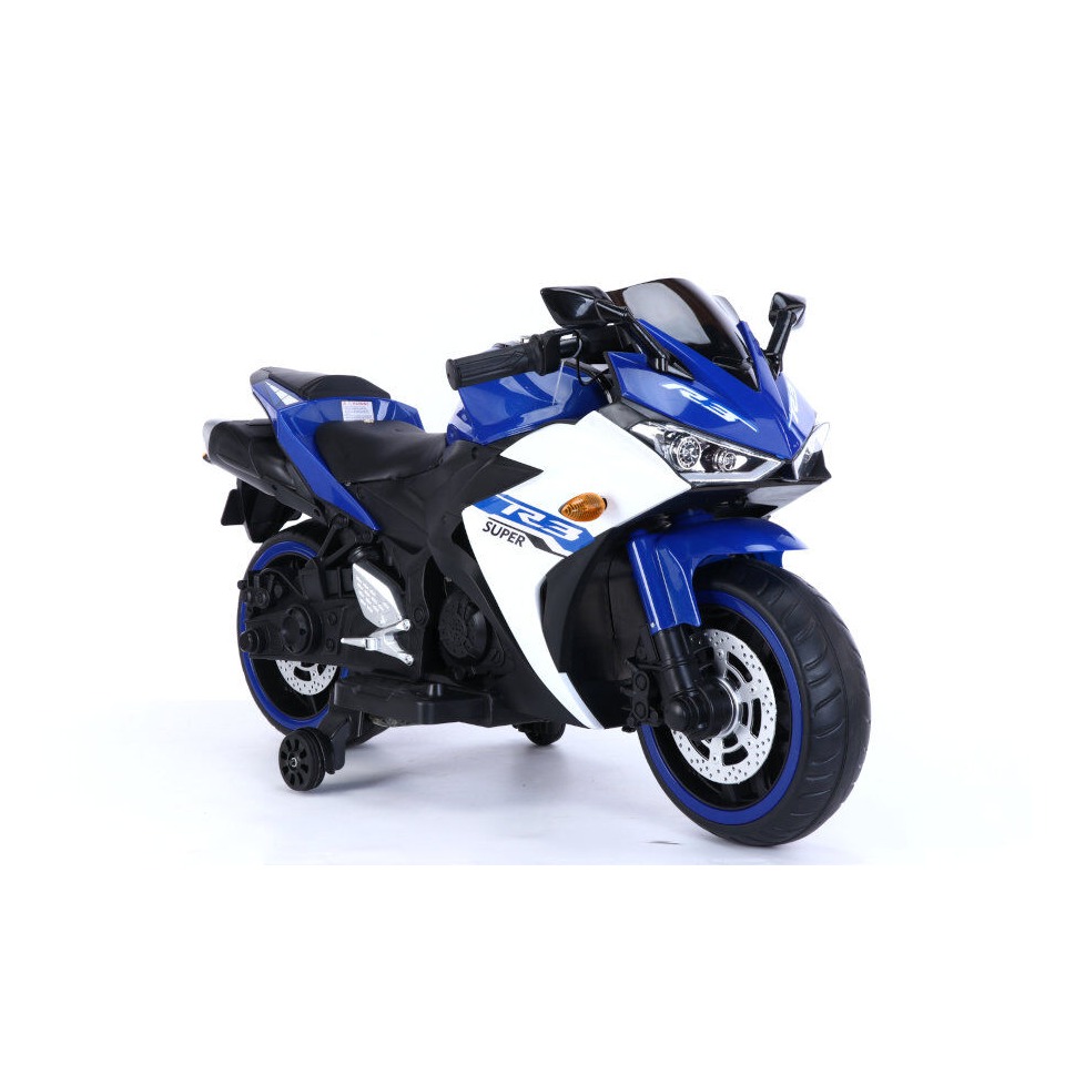 ES-Toys Elektro Kindermotorrad 888 – 12V 4,5A Akku – mit Stützräder, Musik und Lichter -Blau