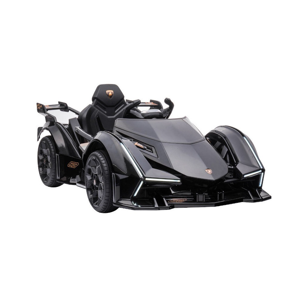 ES-Toys Kinderfahrzeug – Elektro Auto „Lamborghini V12 Vision Gran Turismo“ – lizenziert – 12V7AH, 2 Motoren- 2,4Ghz Fernsteuerung, MP3, Ledersitz+EVA – Schwarz