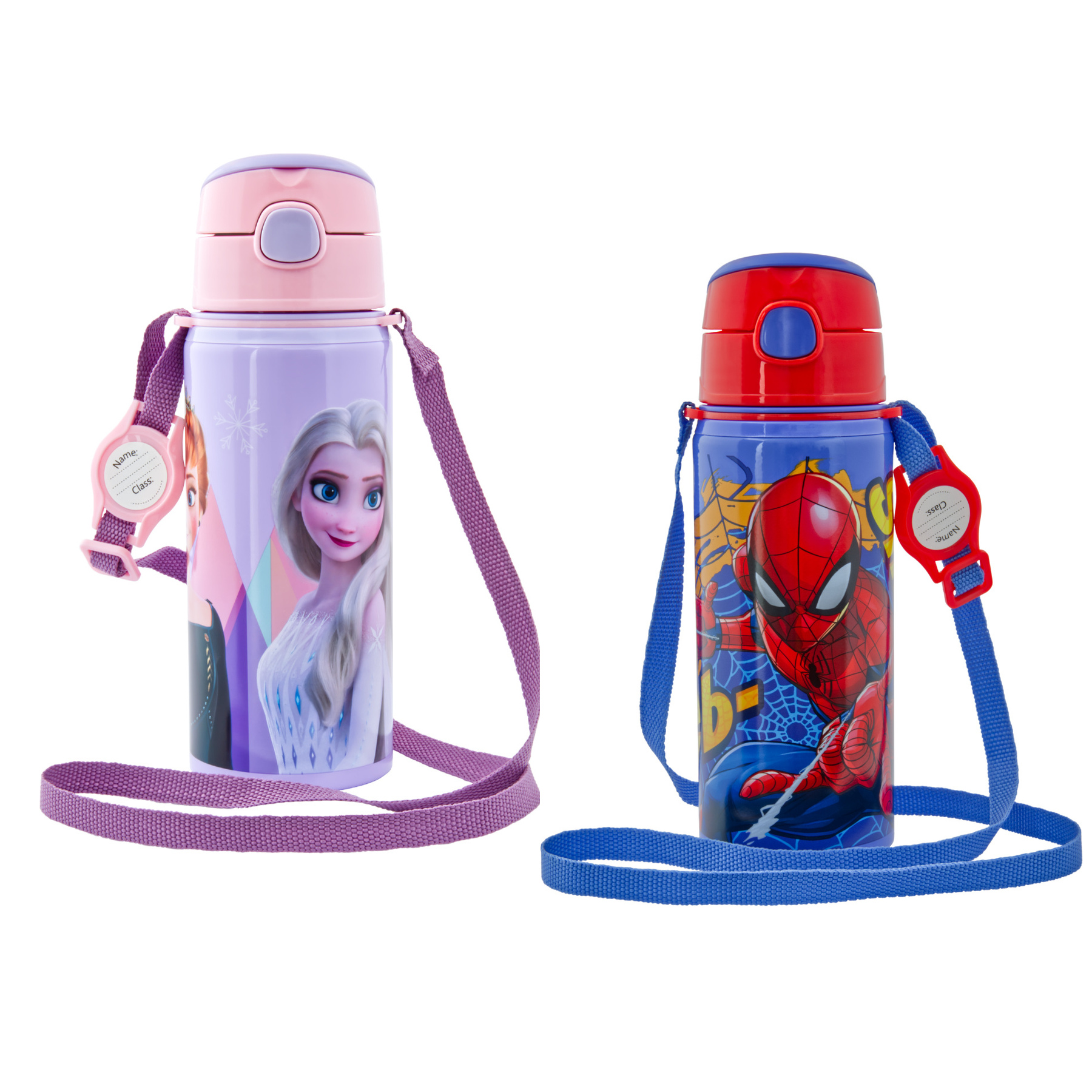 miniHeld Trinkflaschen-Set Elsa (Frozen) + Spiderman blau, 2 Kinder Trinkflaschen Aluminium mit Tragegurt