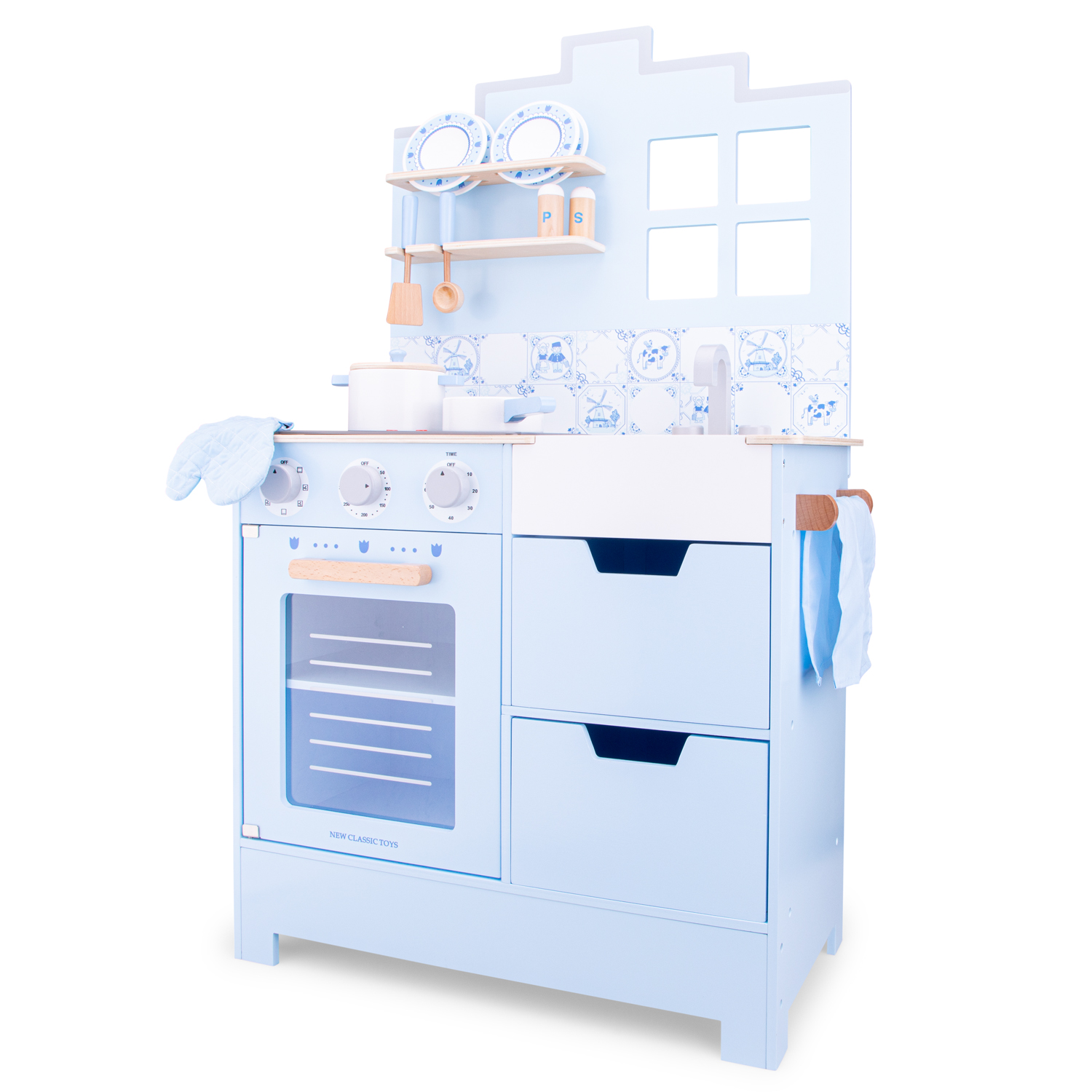 Küchenzeile Kinderküche aus Holz Delfter Blau Holzküche Holzspielzeug