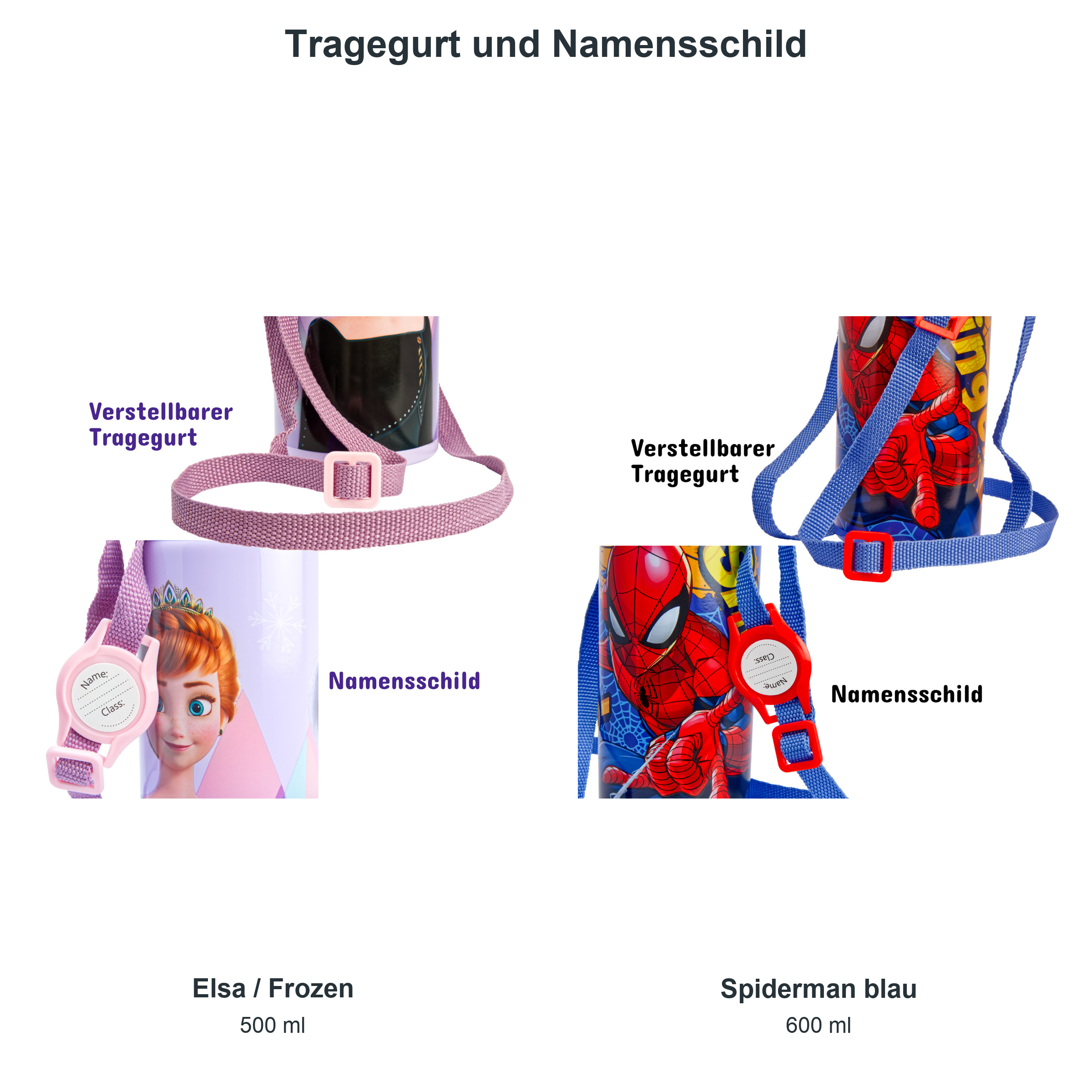 miniHeld Trinkflaschen-Set Elsa (Frozen) + Spiderman blau, 2 Kinder Trinkflaschen Aluminium mit Tragegurt