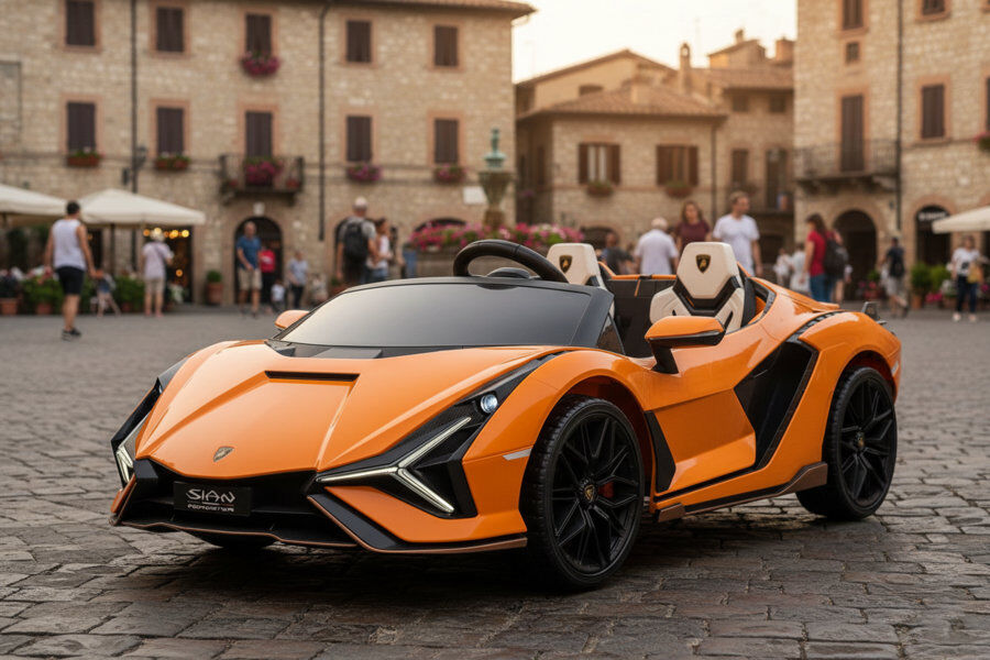 ES-Toys Kinderfahrzeug – Elektro Auto „Lamborghini SIAN 2 Sitzer“ – lizenziert – 24V Akku, 4 Motoren- 2,4Ghz Fernsteuerung, MP3, Ledersitz+EVA – Orange