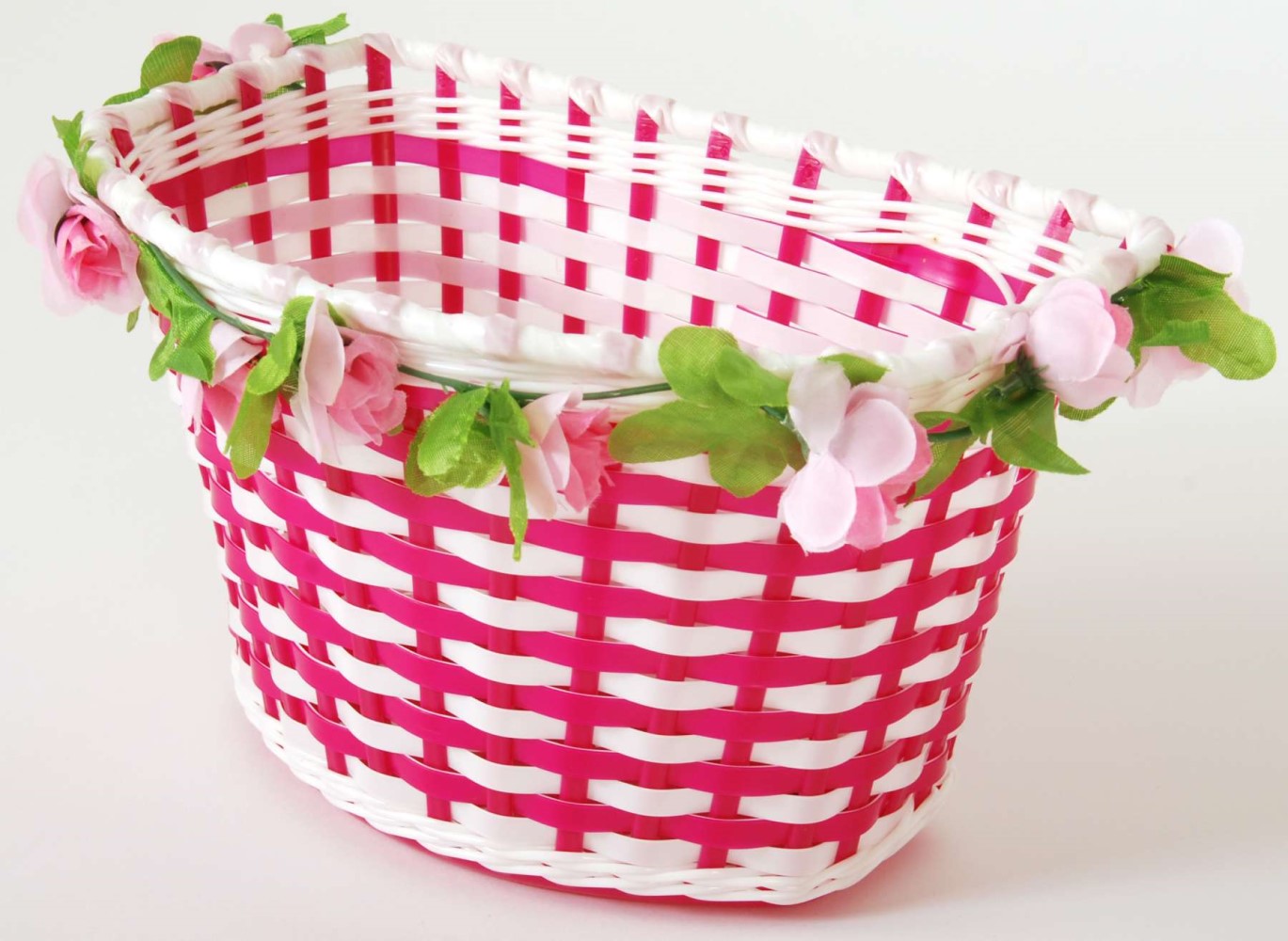 Geflochtener Fahrradkorb mit Blumen-Muster für Mädchen in Weiß/Rosa