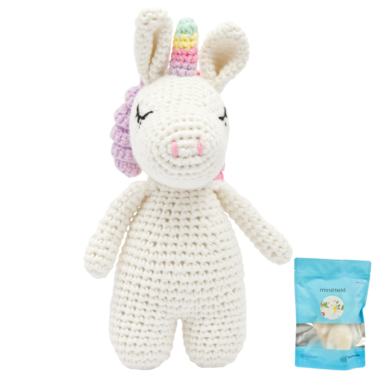 Handgestricktes Einhorn gehäkelt aus Baumwolle Spielzeug 16 cm Handgestricktes Einhorn gehäkelt aus Baumwolle Spielzeug 16 cm