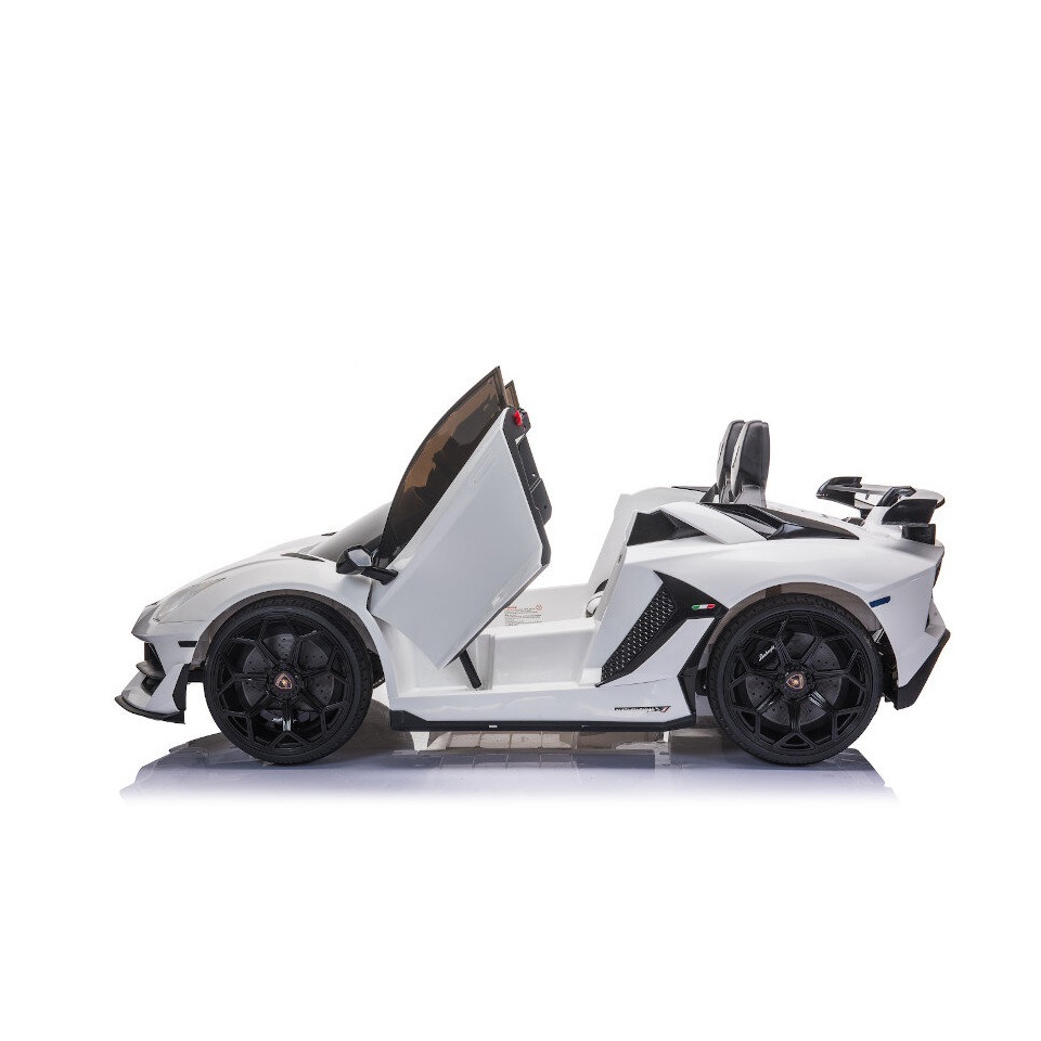ES-Toys Kinderfahrzeug – Elektro Auto „Lamborghini Aventador SVJ Doppelsitzer“ – lizenziert – 12V7AH, 2 Motoren- 2,4Ghz Fernsteuerung, MP3, Ledersitz+EVA+Lackiert – Weiss