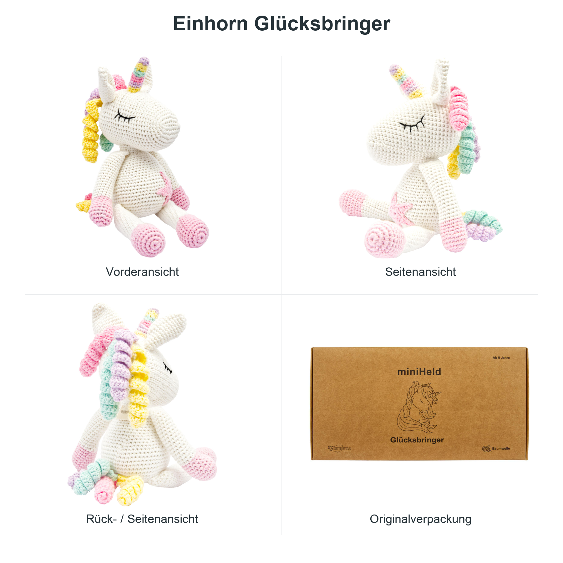 miniHeld Geschenkset Einhorn: großes handgestricktes Einhorn Glücksbringer 28cm + kleines Einhorn 16cm aus Baumwolle miniHeld Geschenkset Einhorn: großes handgestricktes Einhorn Glücksbringer 28cm + kleines Einhorn 16cm aus Baumwolle