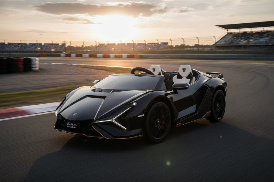ES-Toys Kinderfahrzeug – Elektro Auto „Lamborghini SIAN 2 Sitzer“ – lizenziert – 24V Akku, 4 Motoren- 2,4Ghz Fernsteuerung, MP3, Ledersitz+EVA – Orange