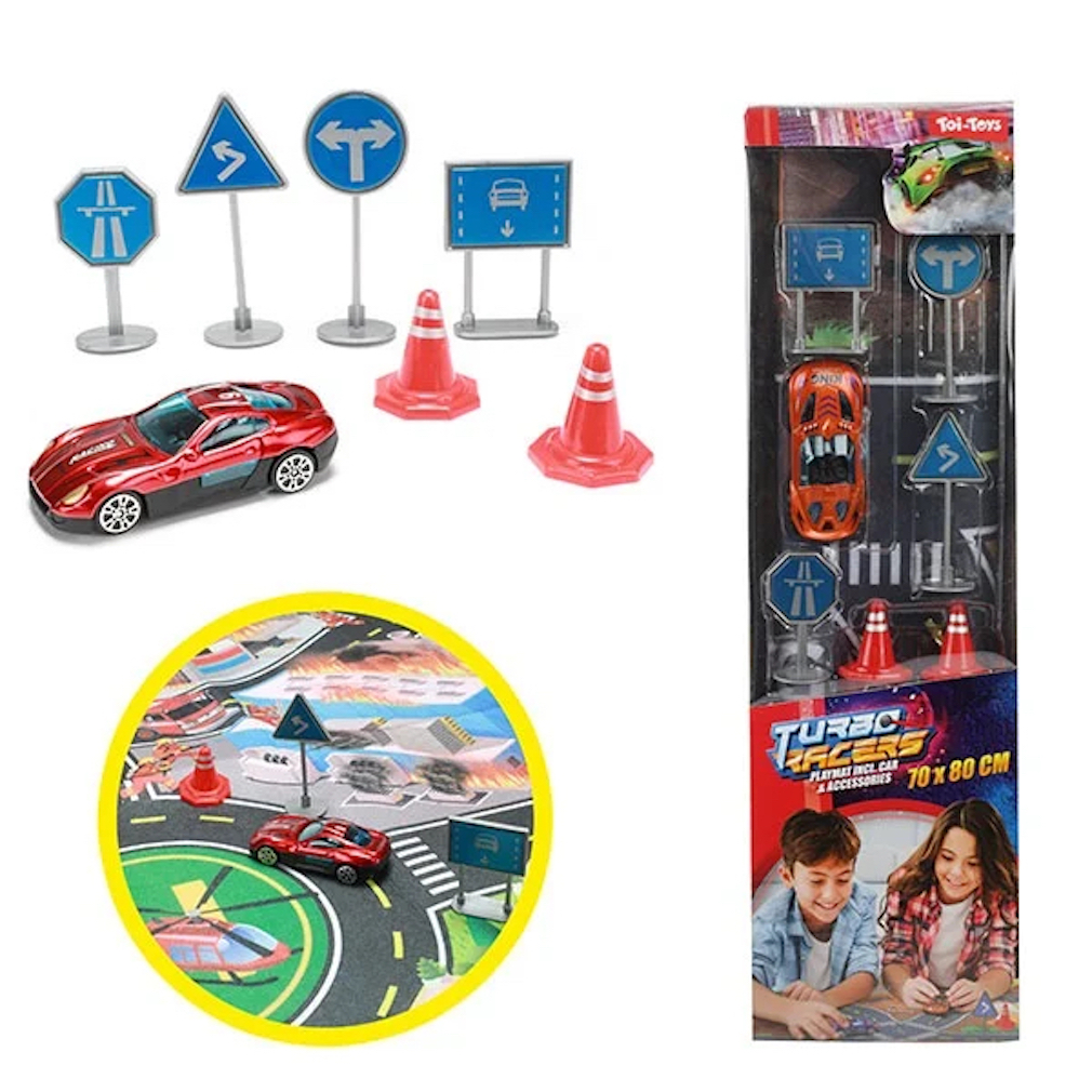 Spielautos mit einer Spielmatte und Verkehrszeichen oder Tierfiguren